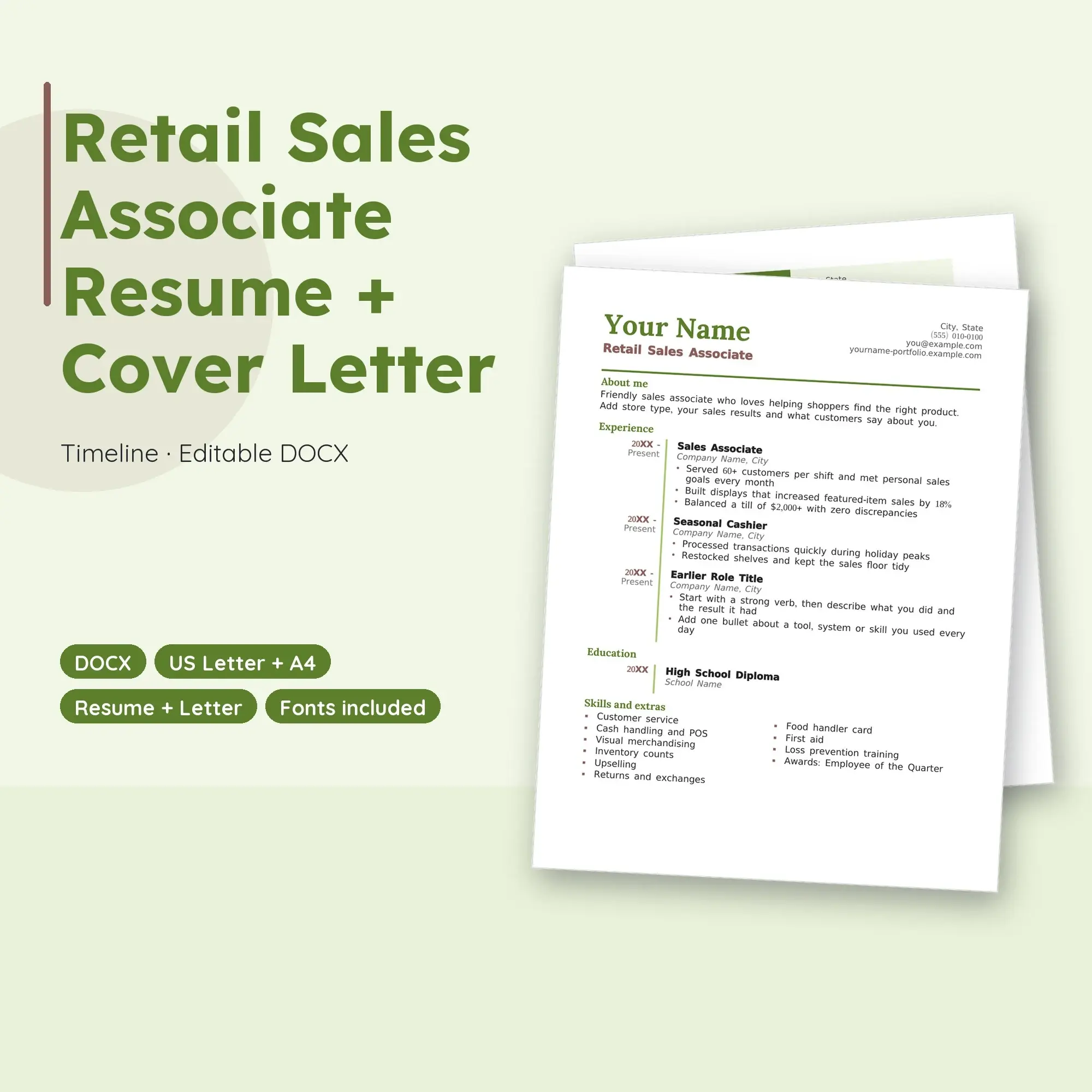 Retail Sales Associate Resume Template + Cover Letter, Timeline (DOCX) preview