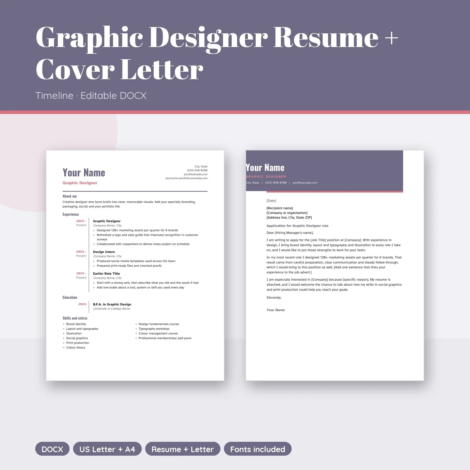 Graphic Designer Resume Template + Cover Letter, Timeline (DOCX) preview