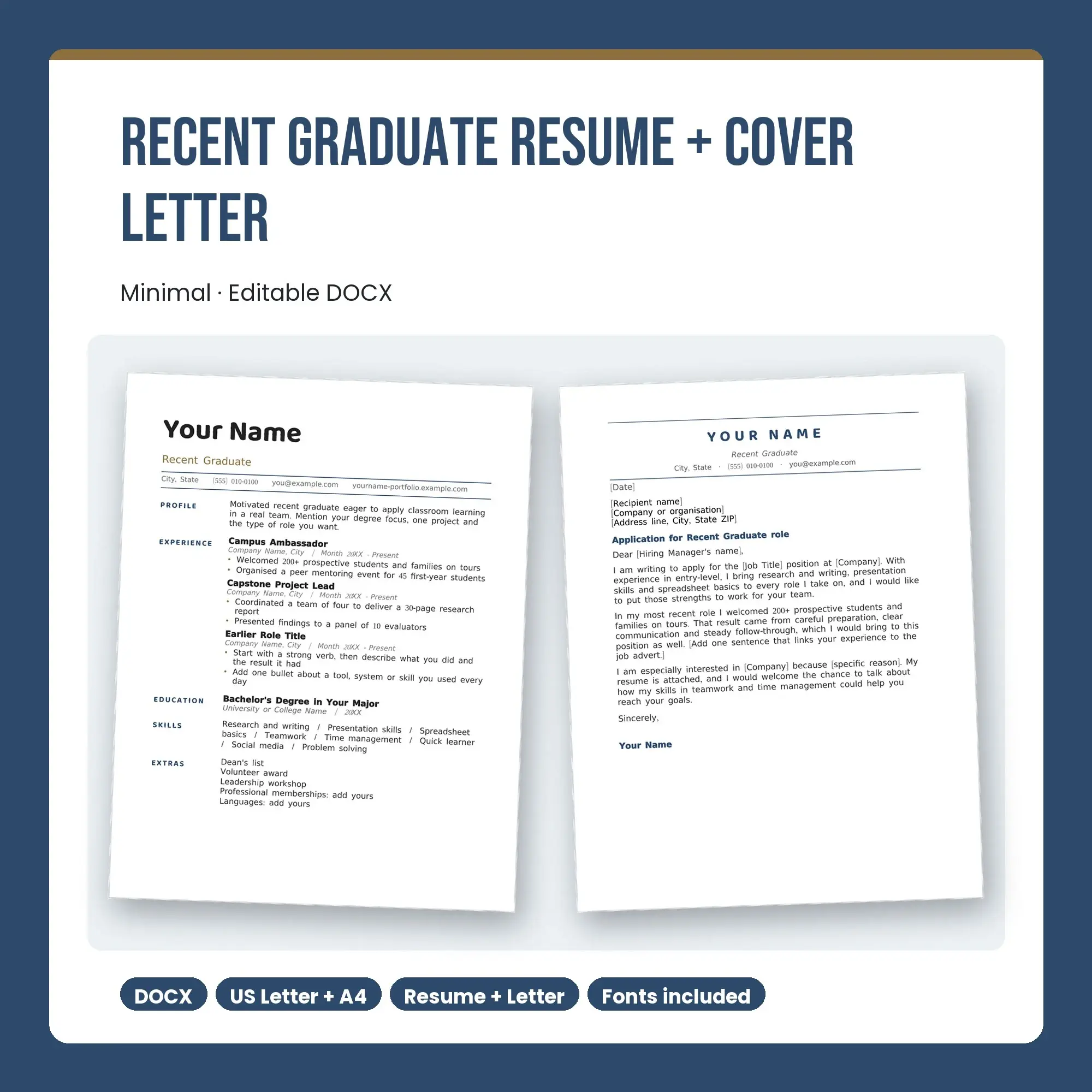 Recent Graduate Resume Template + Cover Letter, Minimal (DOCX) preview