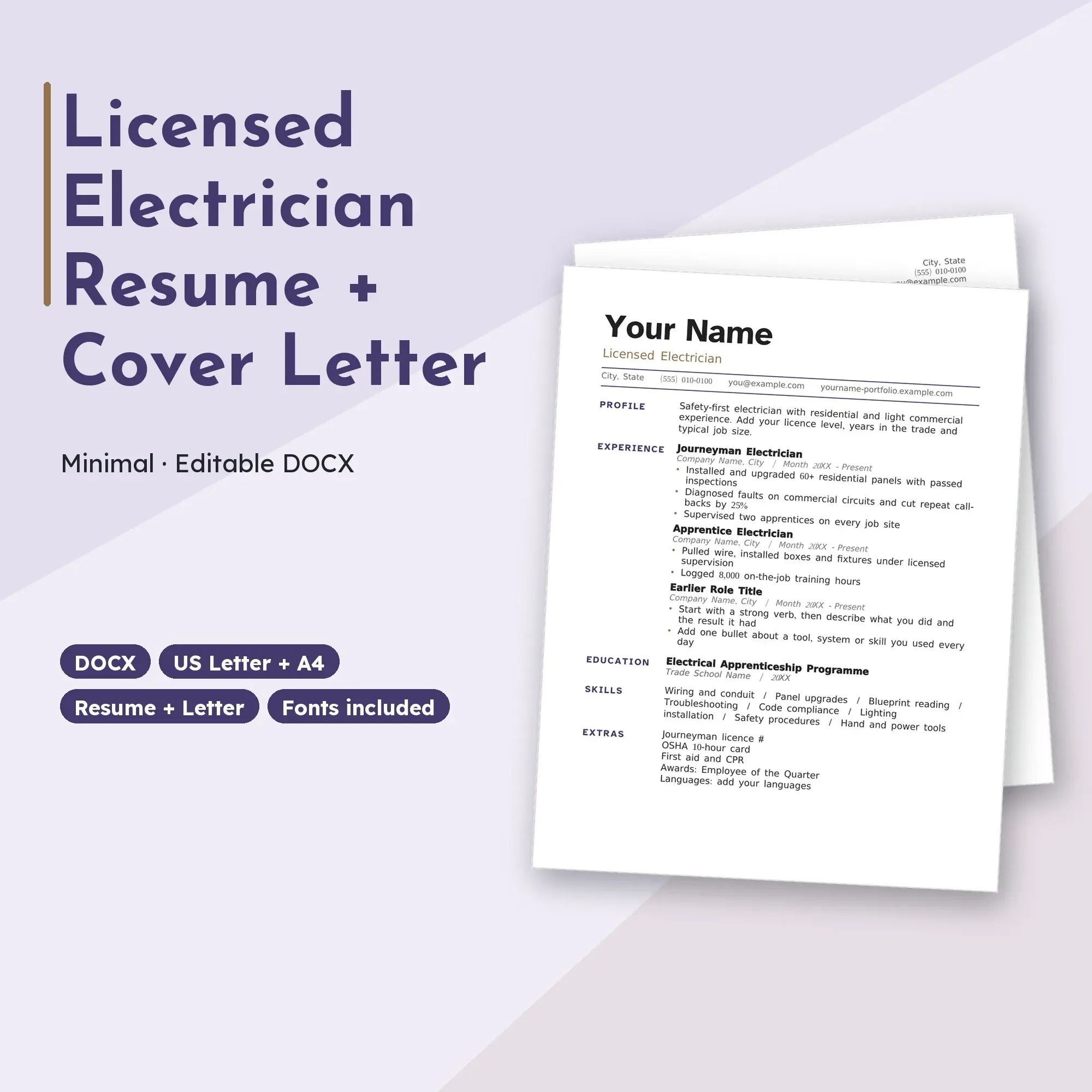 Licensed Electrician Resume Template + Cover Letter, Minimal (DOCX) preview