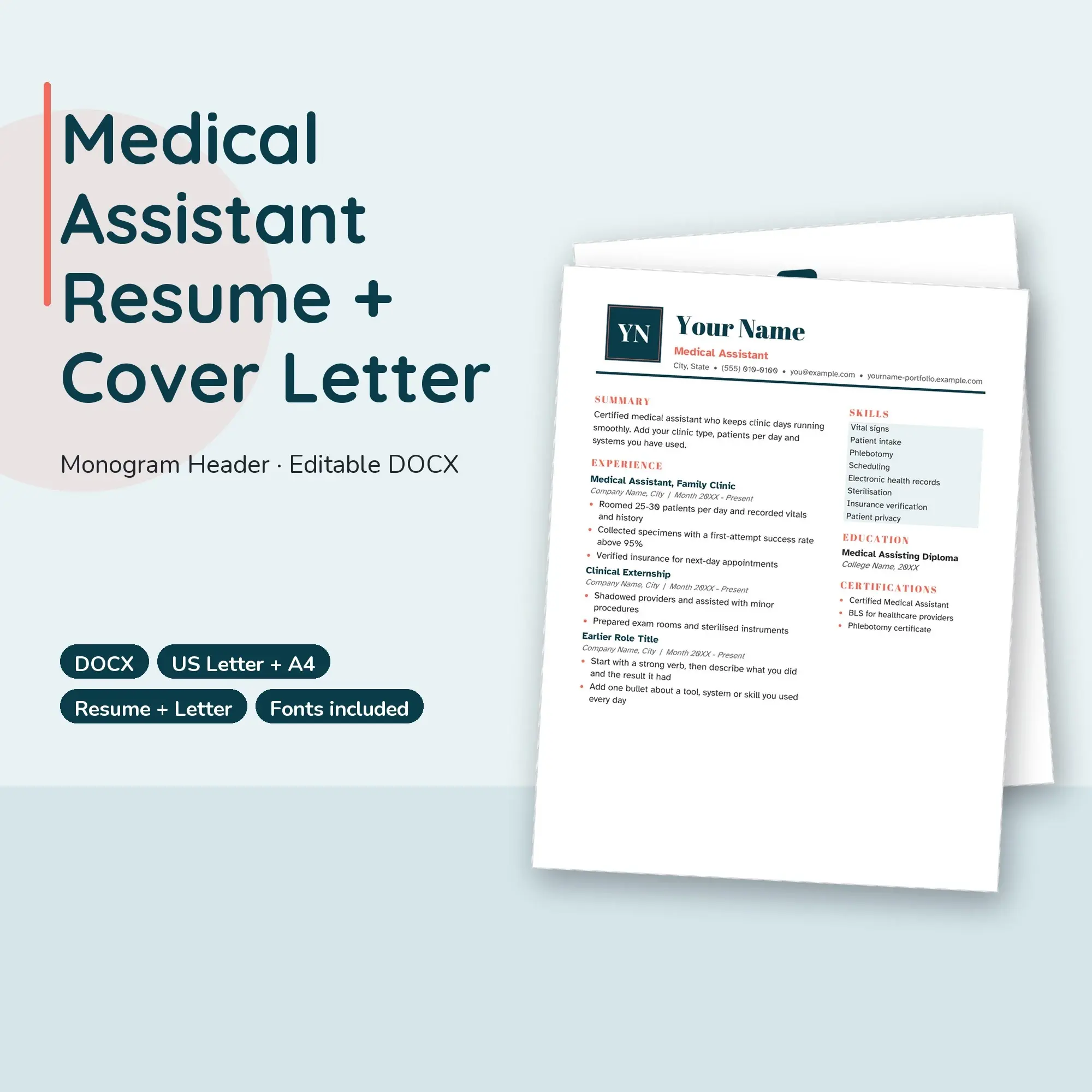 Medical Assistant Resume Template + Cover Letter, Monogram Header (DOCX) preview