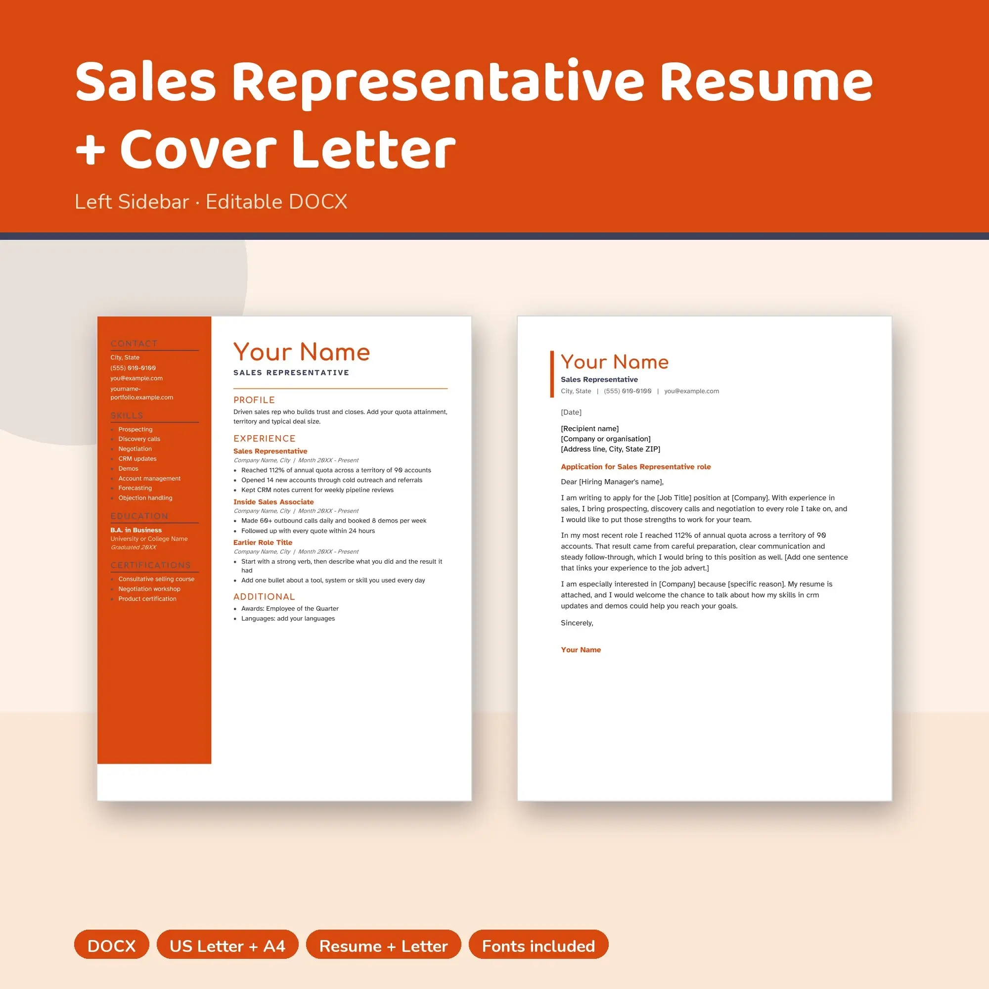 Sales Representative Resume Template + Cover Letter, Left Sidebar (DOCX) preview
