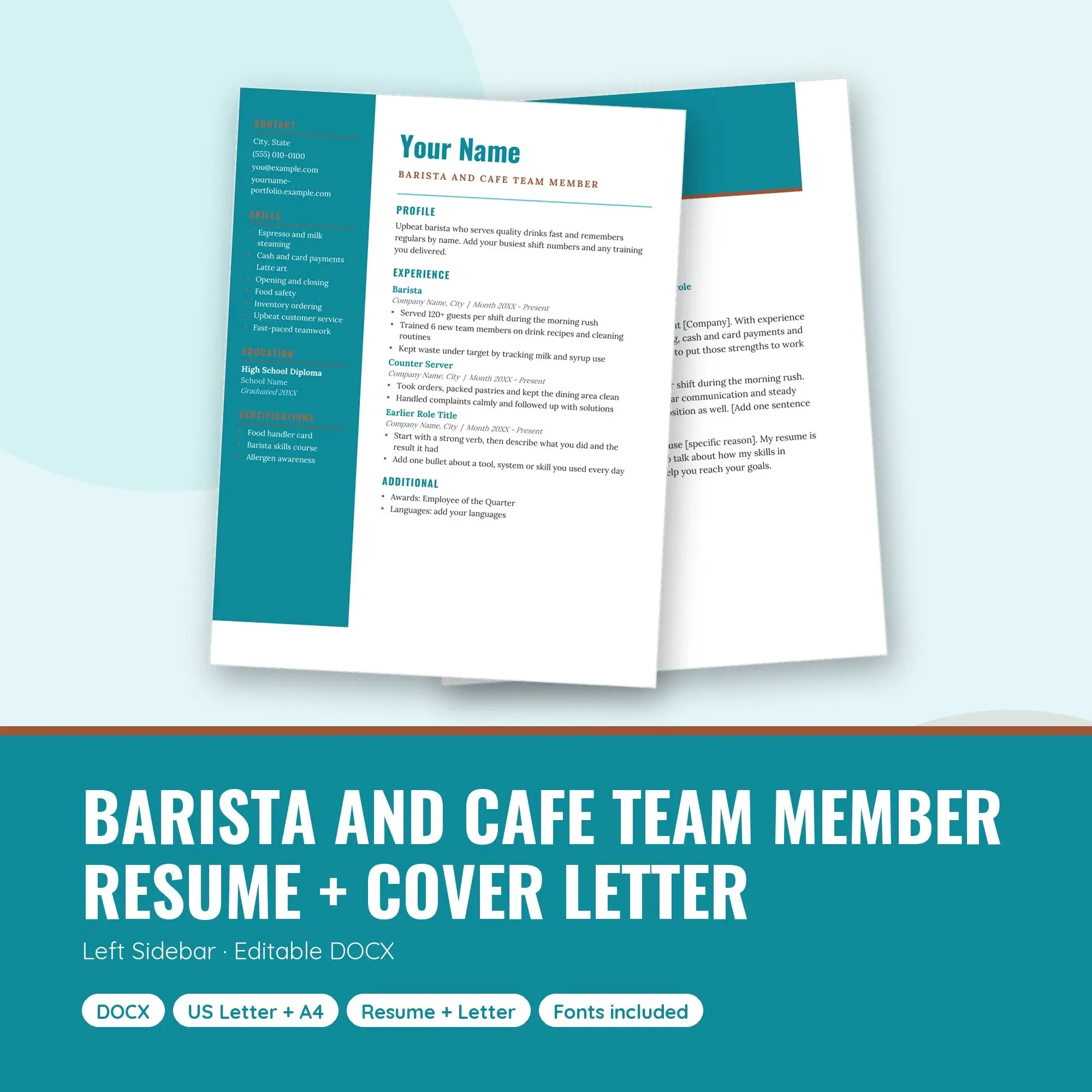 Barista and Cafe Team Member Resume + Cover Letter Template, Left Sidebar (DOCX) preview