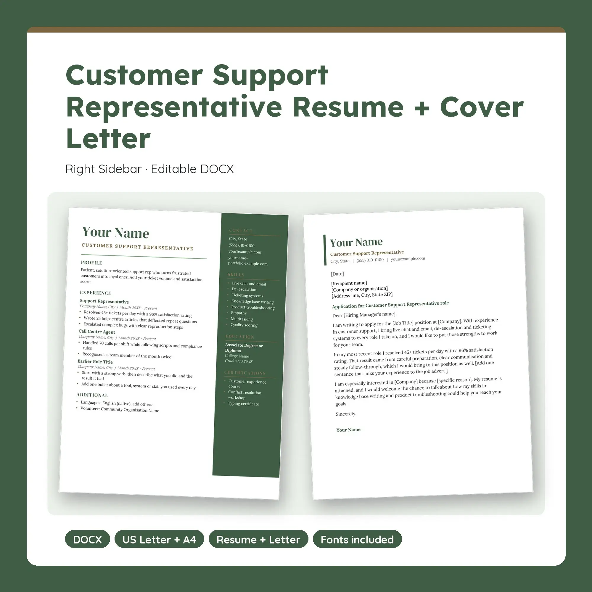 Customer Support Representative Resume + Cover Letter Template, Right Sidebar (DOCX) preview