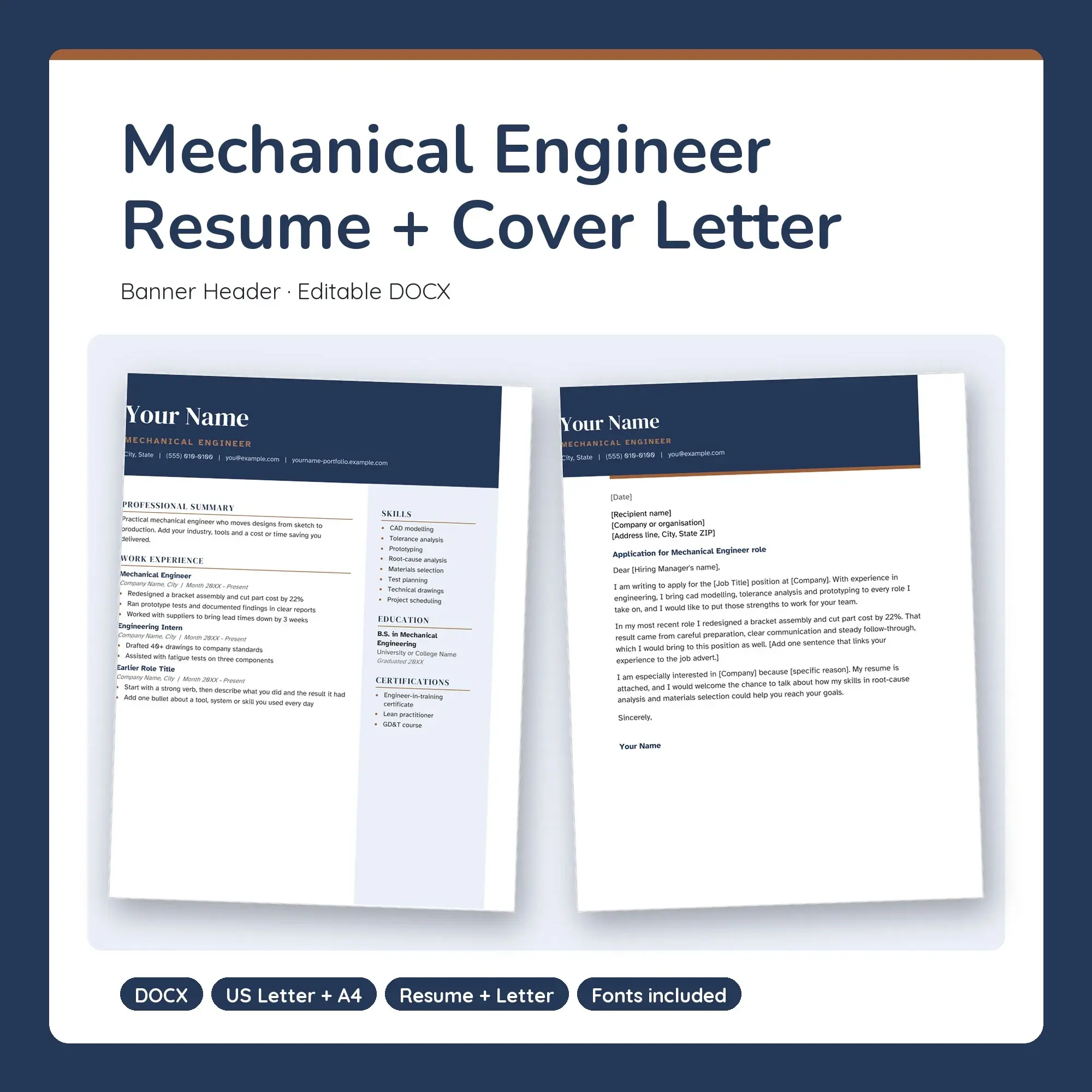Mechanical Engineer Resume Template + Cover Letter, Banner Header (DOCX) preview