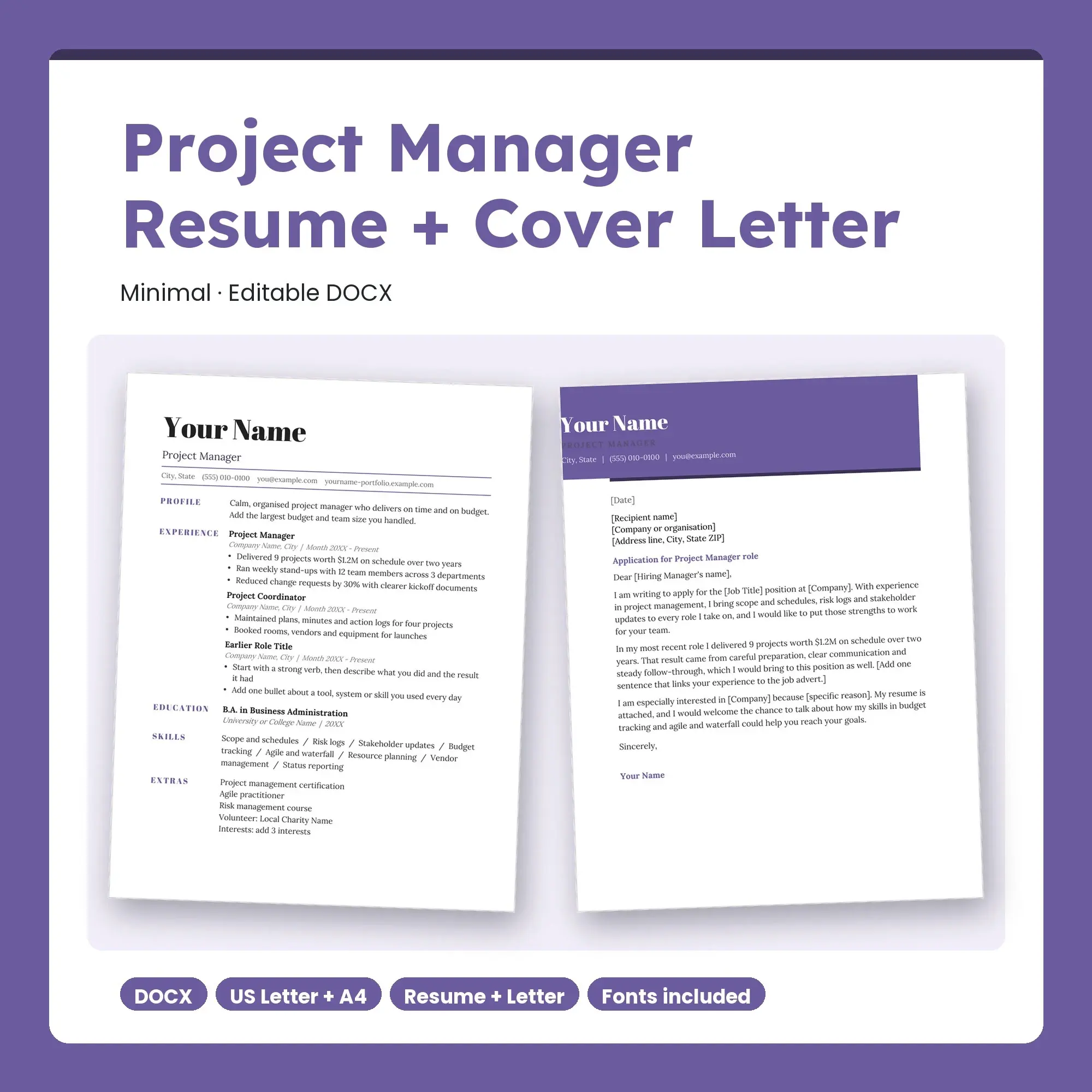 Project Manager Resume Template + Cover Letter, Minimal (DOCX) preview