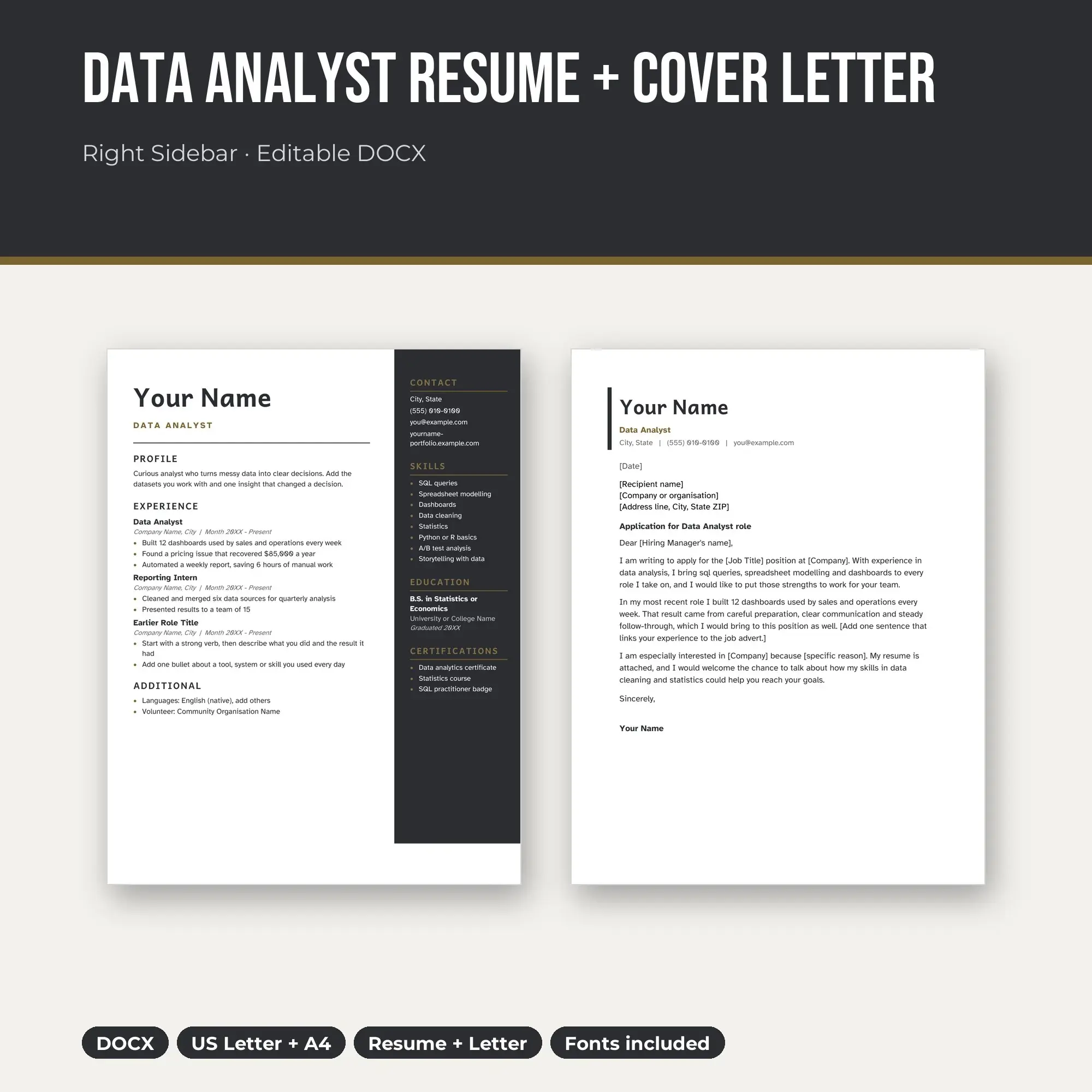 Data Analyst Resume Template + Cover Letter, Right Sidebar (DOCX) preview
