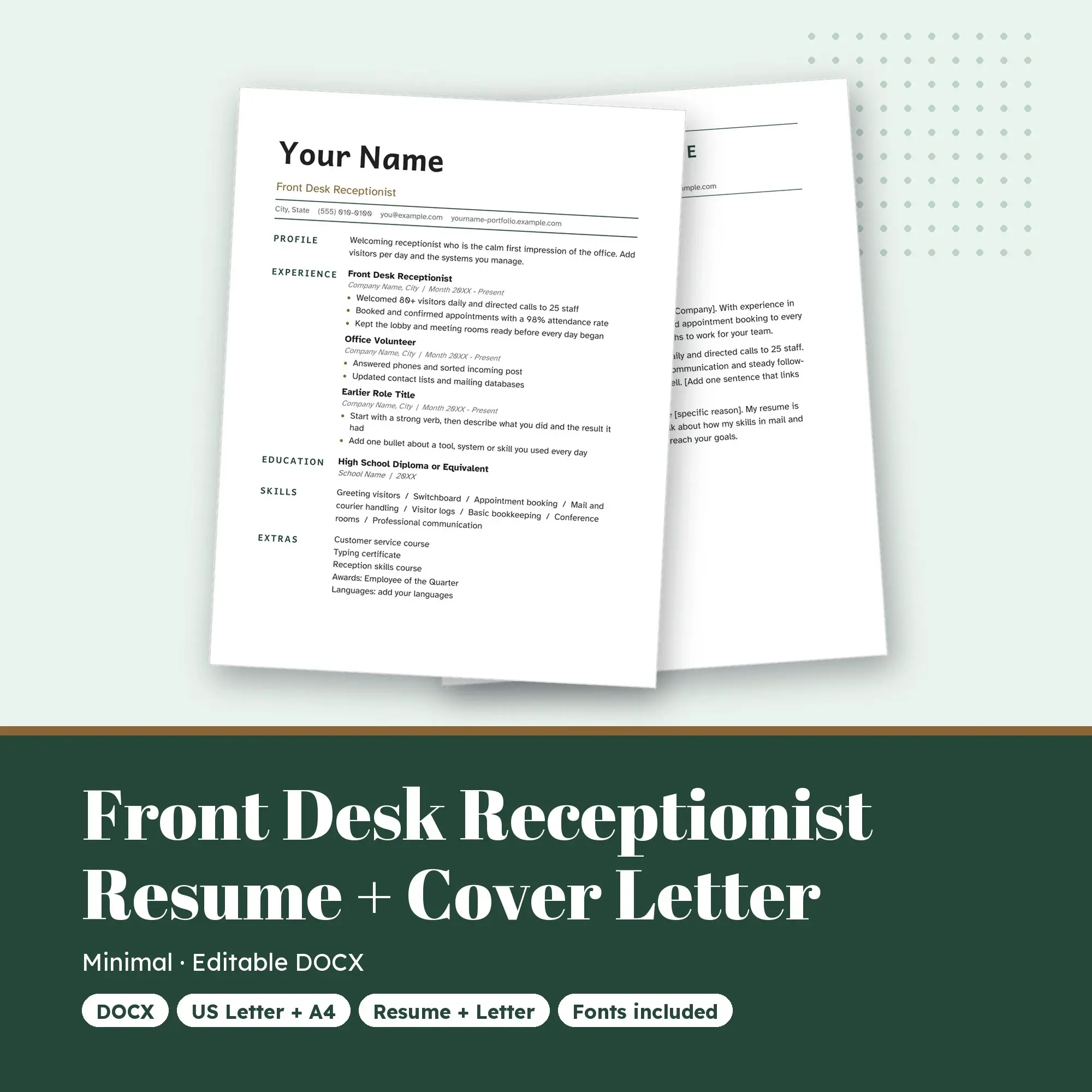Front Desk Receptionist Resume Template + Cover Letter, Minimal (DOCX) preview