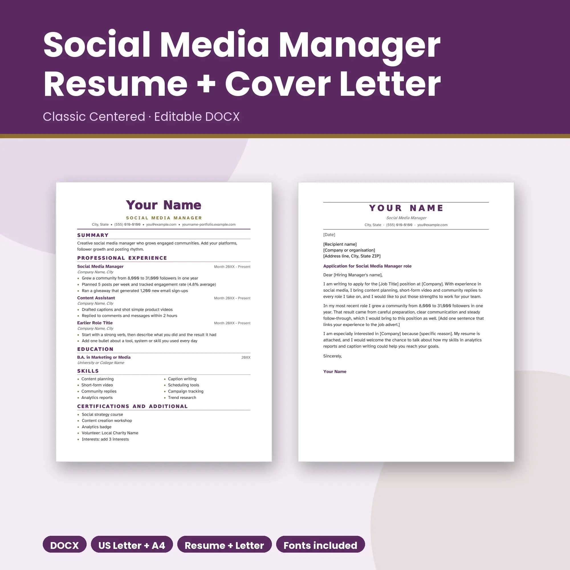 Social Media Manager Resume Template + Cover Letter, Classic Centered (DOCX) preview