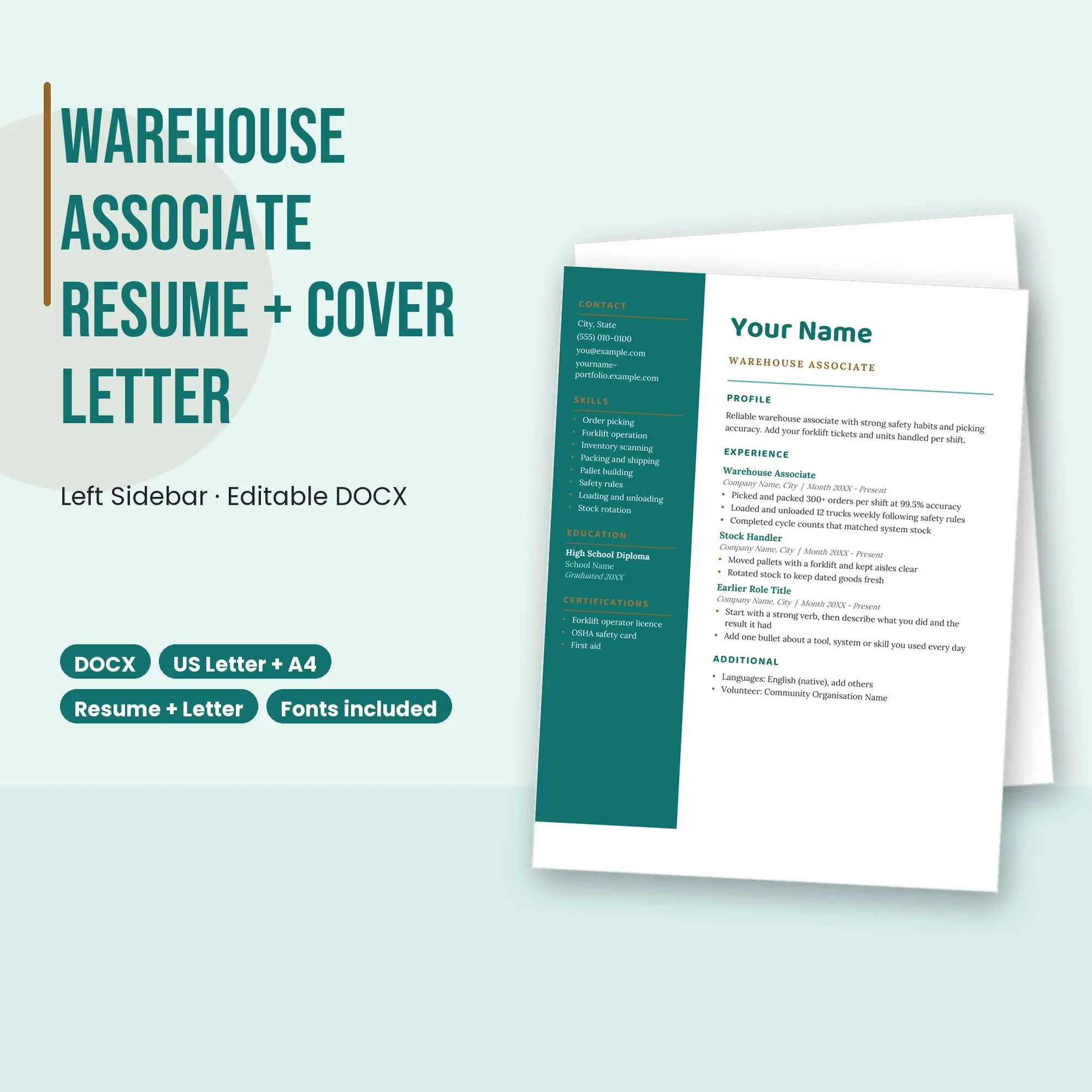 Warehouse Associate Resume Template + Cover Letter, Left Sidebar (DOCX) preview