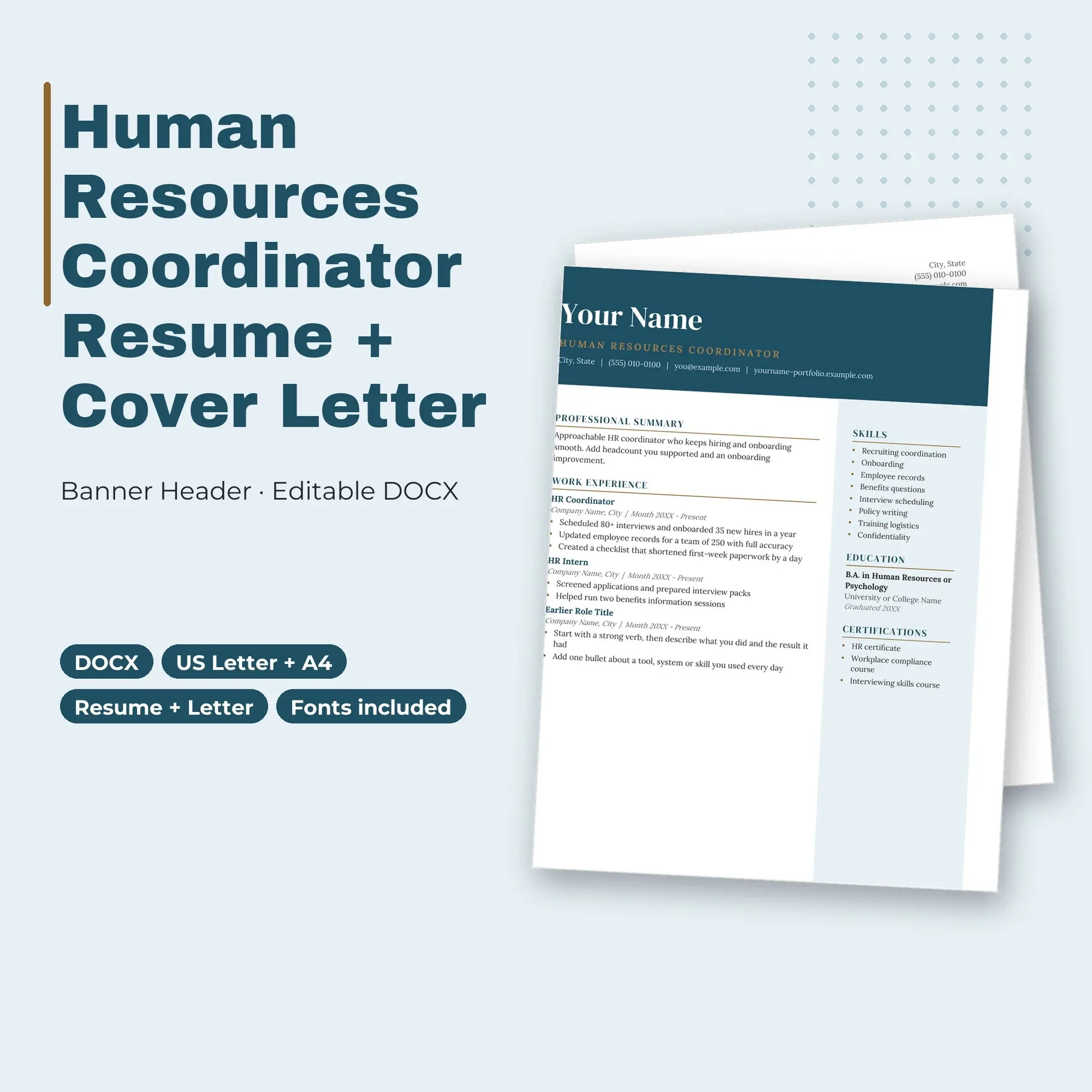 Human Resources Coordinator Resume + Cover Letter Template, Banner Header (DOCX) preview