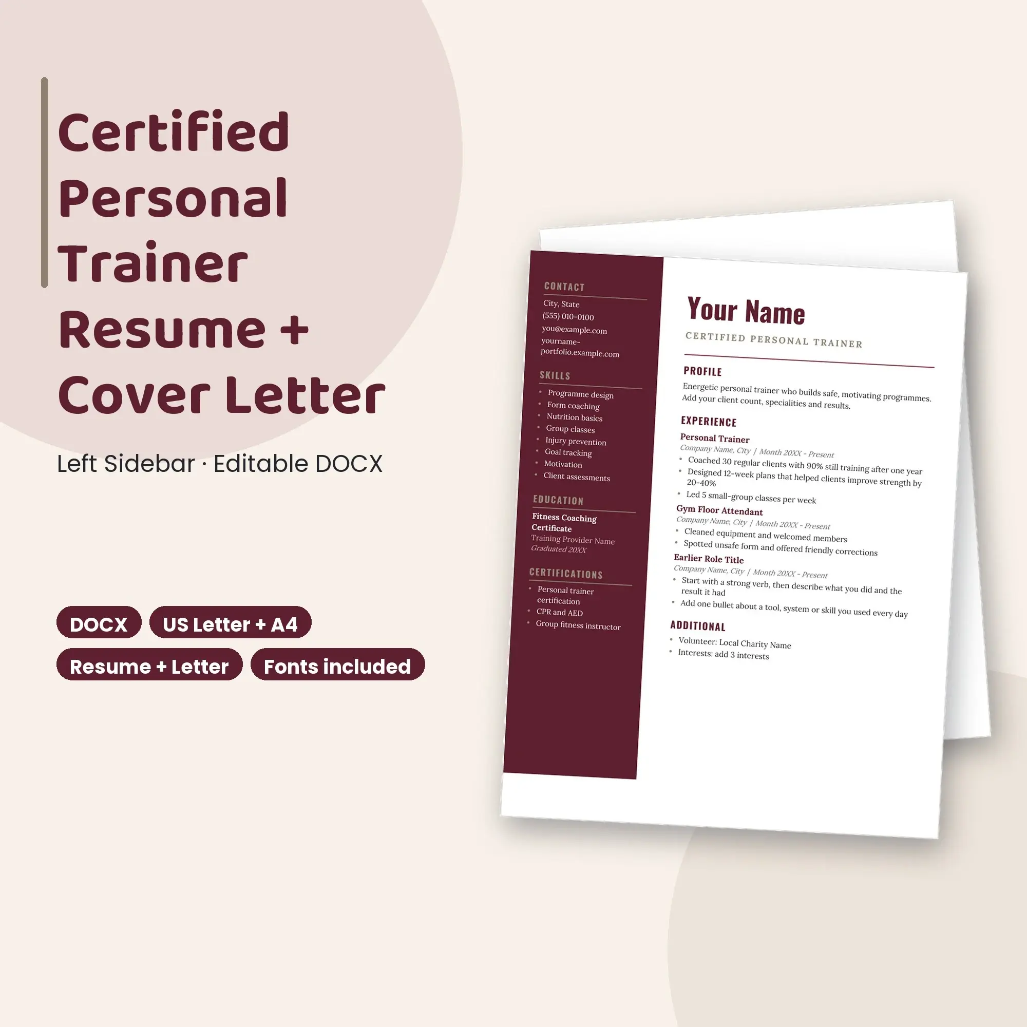 Certified Personal Trainer Resume Template + Cover Letter, Left Sidebar (DOCX) preview