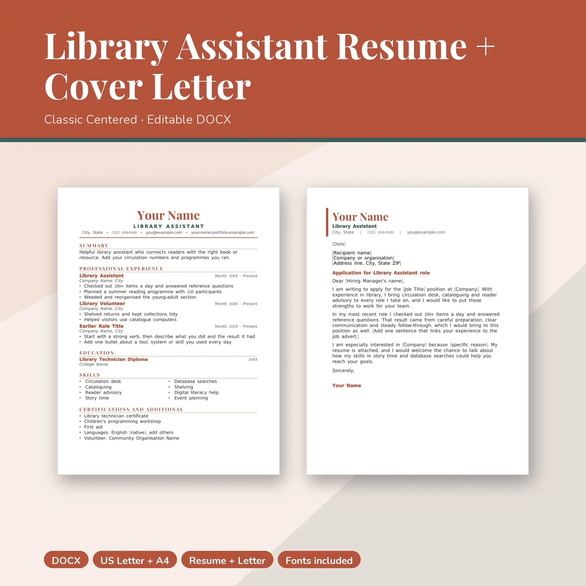 Library Assistant Resume Template + Cover Letter, Classic Centered (DOCX) preview