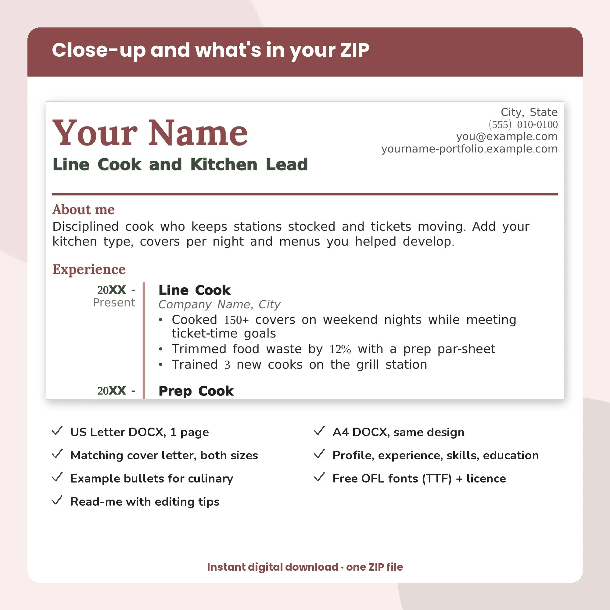 Line Cook and Kitchen Lead Resume Template + Cover Letter, Timeline (DOCX), preview 2 of 2