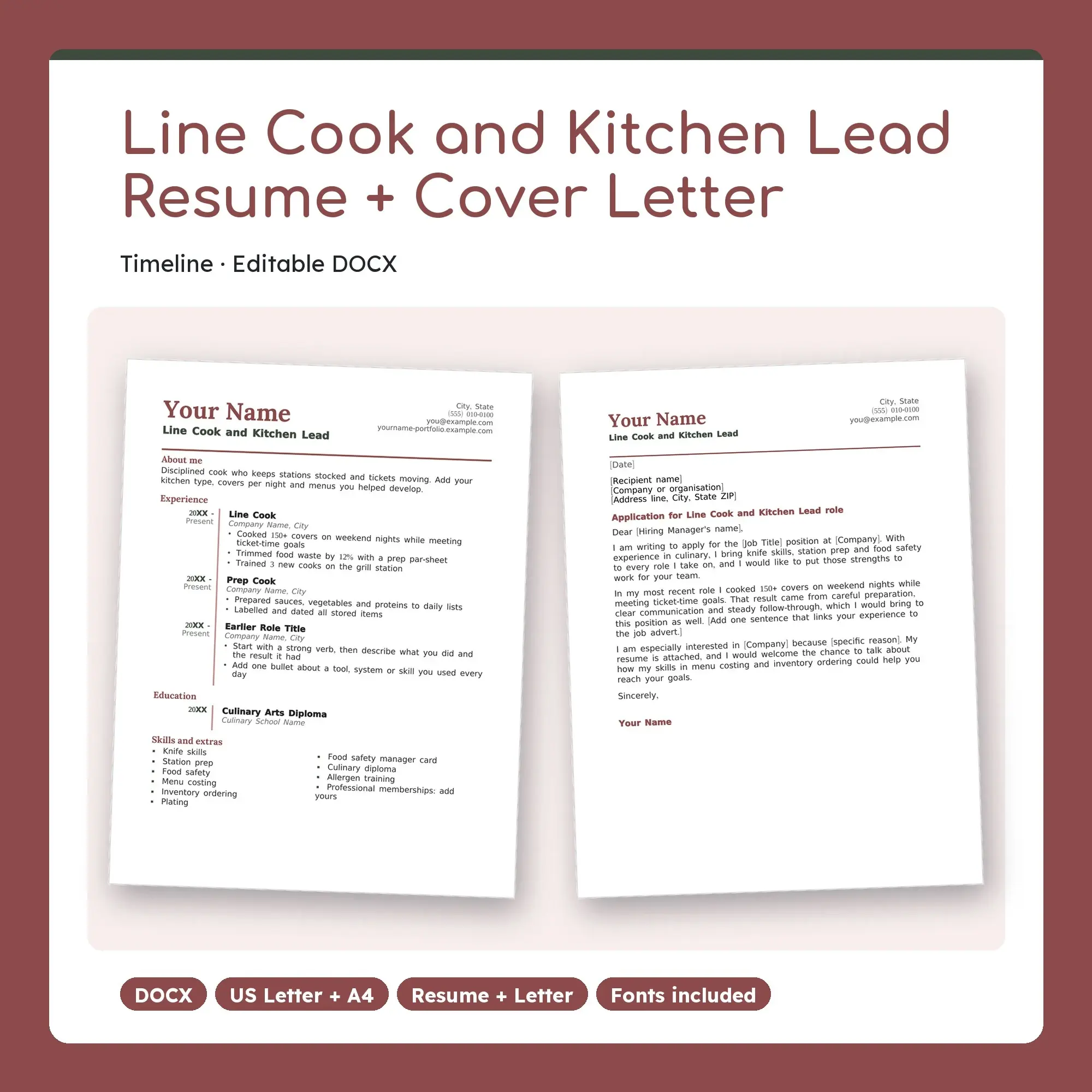 Line Cook and Kitchen Lead Resume Template + Cover Letter, Timeline (DOCX), preview 1 of 2