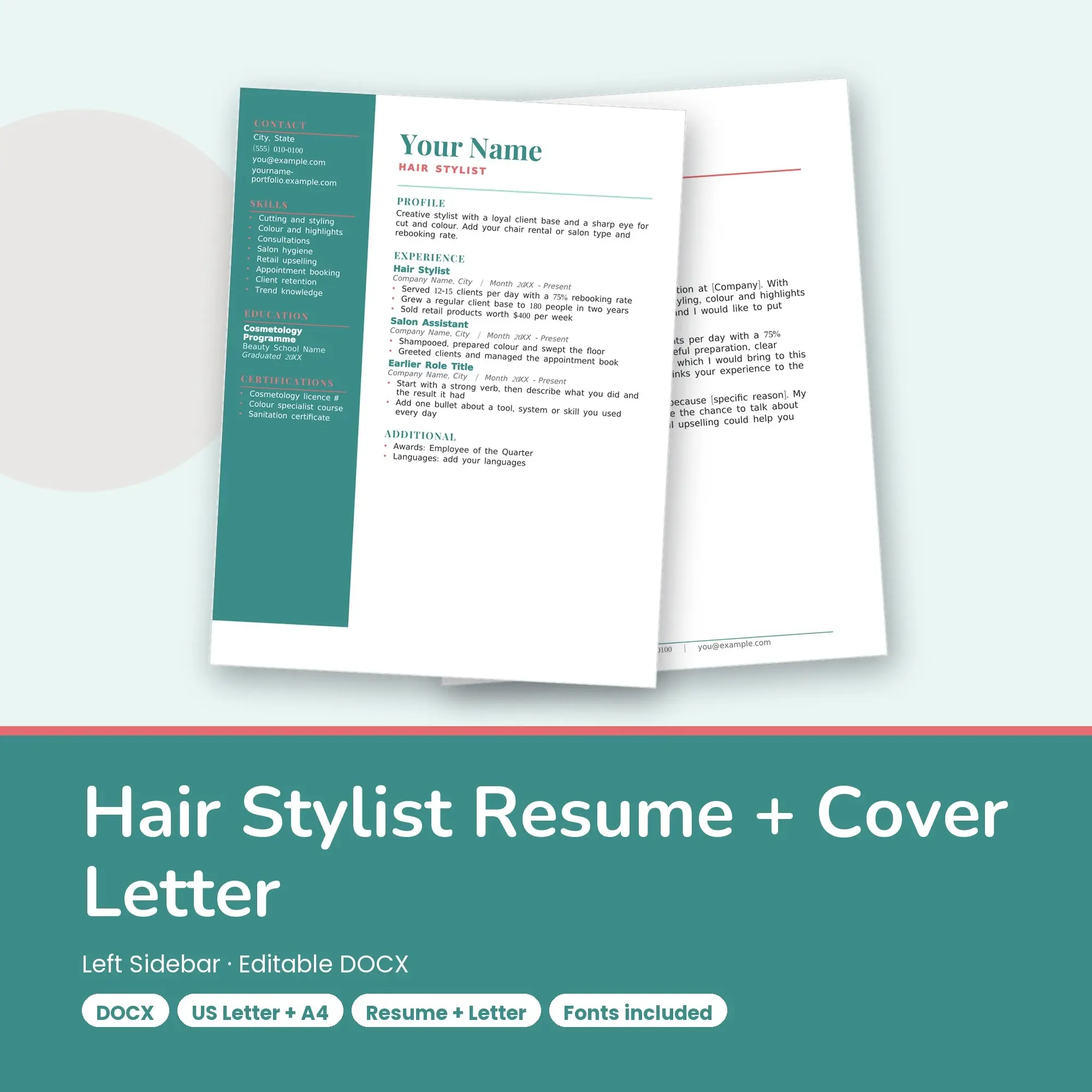Hair Stylist Resume Template + Cover Letter, Left Sidebar (DOCX) preview