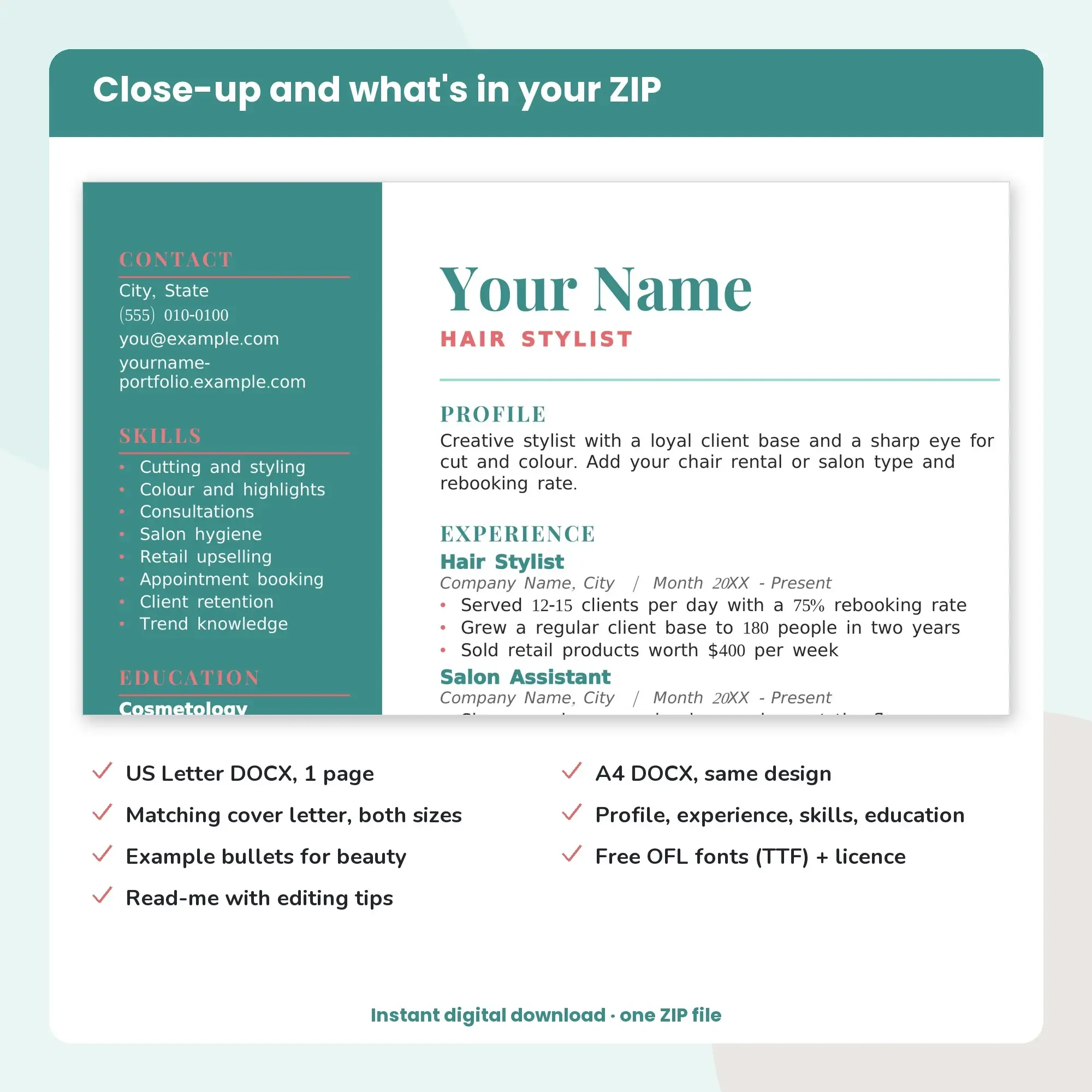 Hair Stylist Resume Template + Cover Letter, Left Sidebar (DOCX), preview 2 of 2