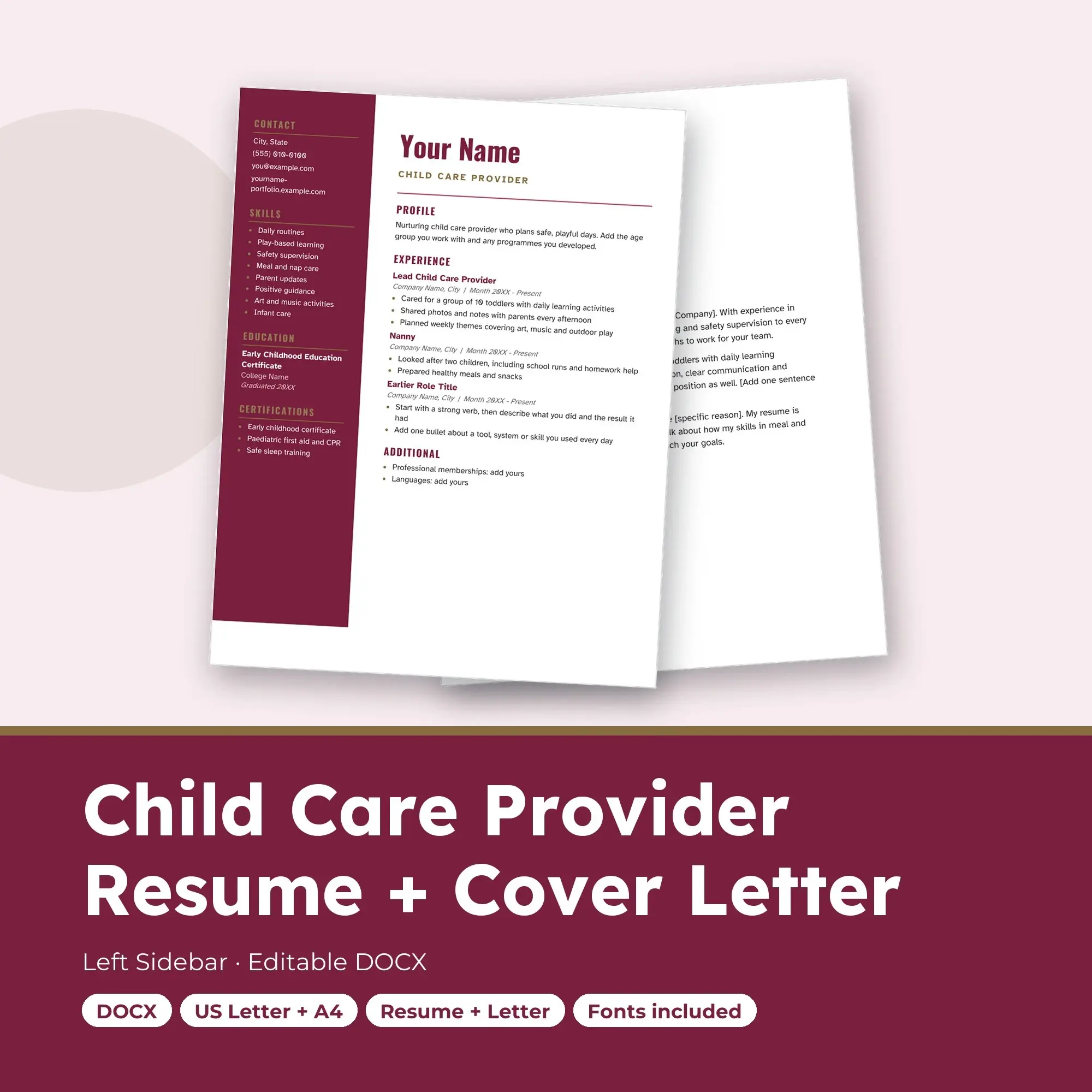 Child Care Provider Resume Template + Cover Letter, Left Sidebar (DOCX) preview