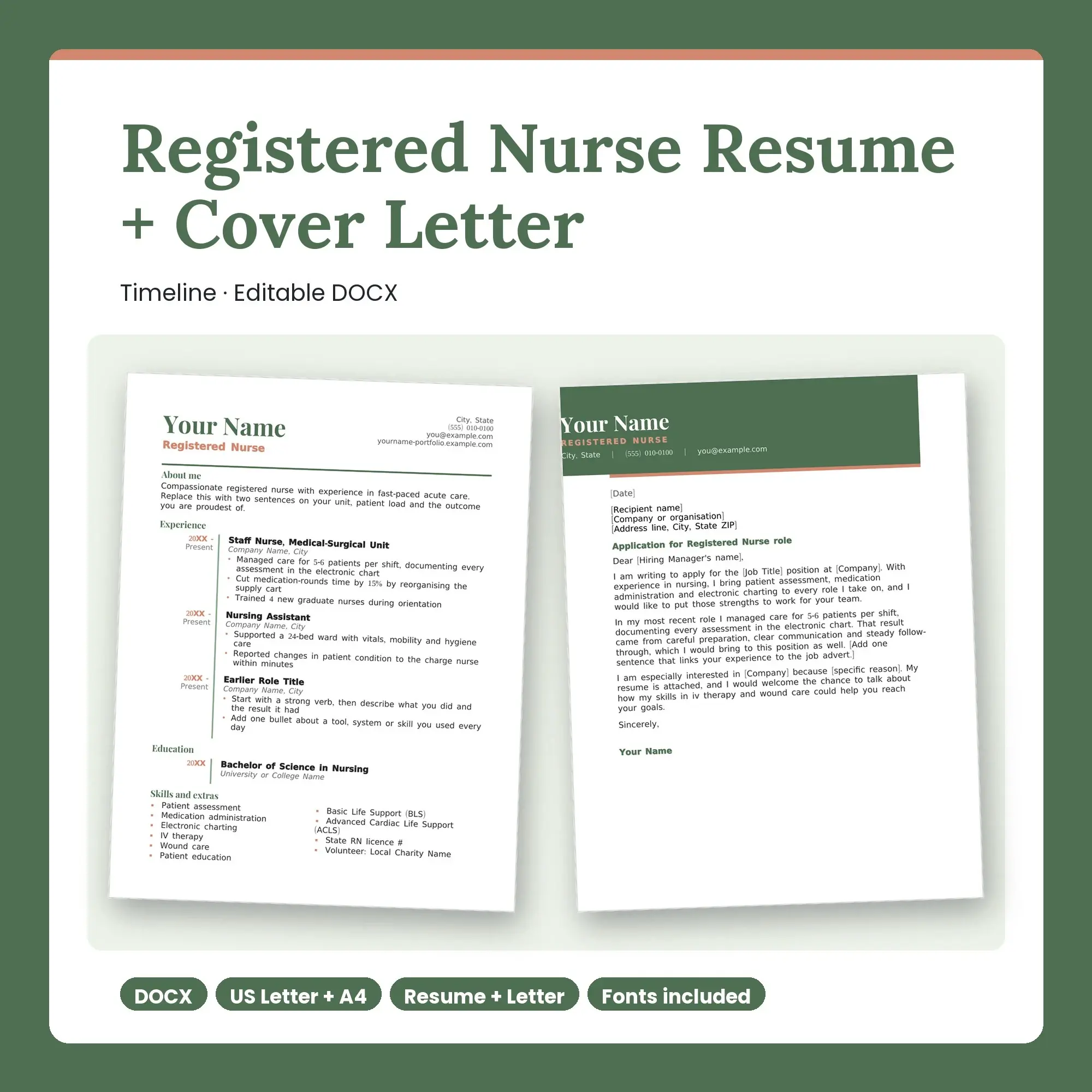 Registered Nurse Resume Template + Cover Letter, Timeline (DOCX) preview