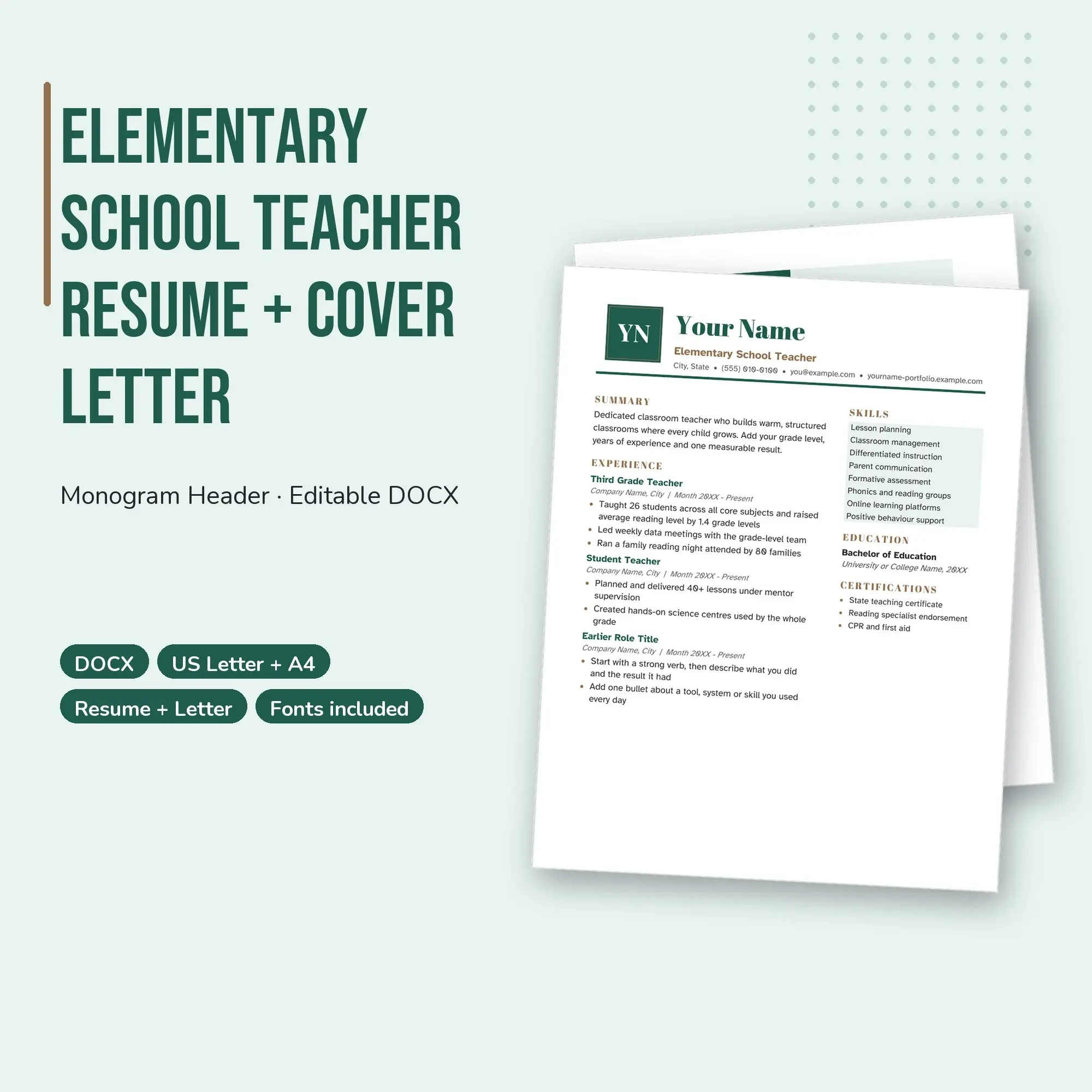Elementary School Teacher Resume + Cover Letter Template, Monogram Header (DOCX) preview