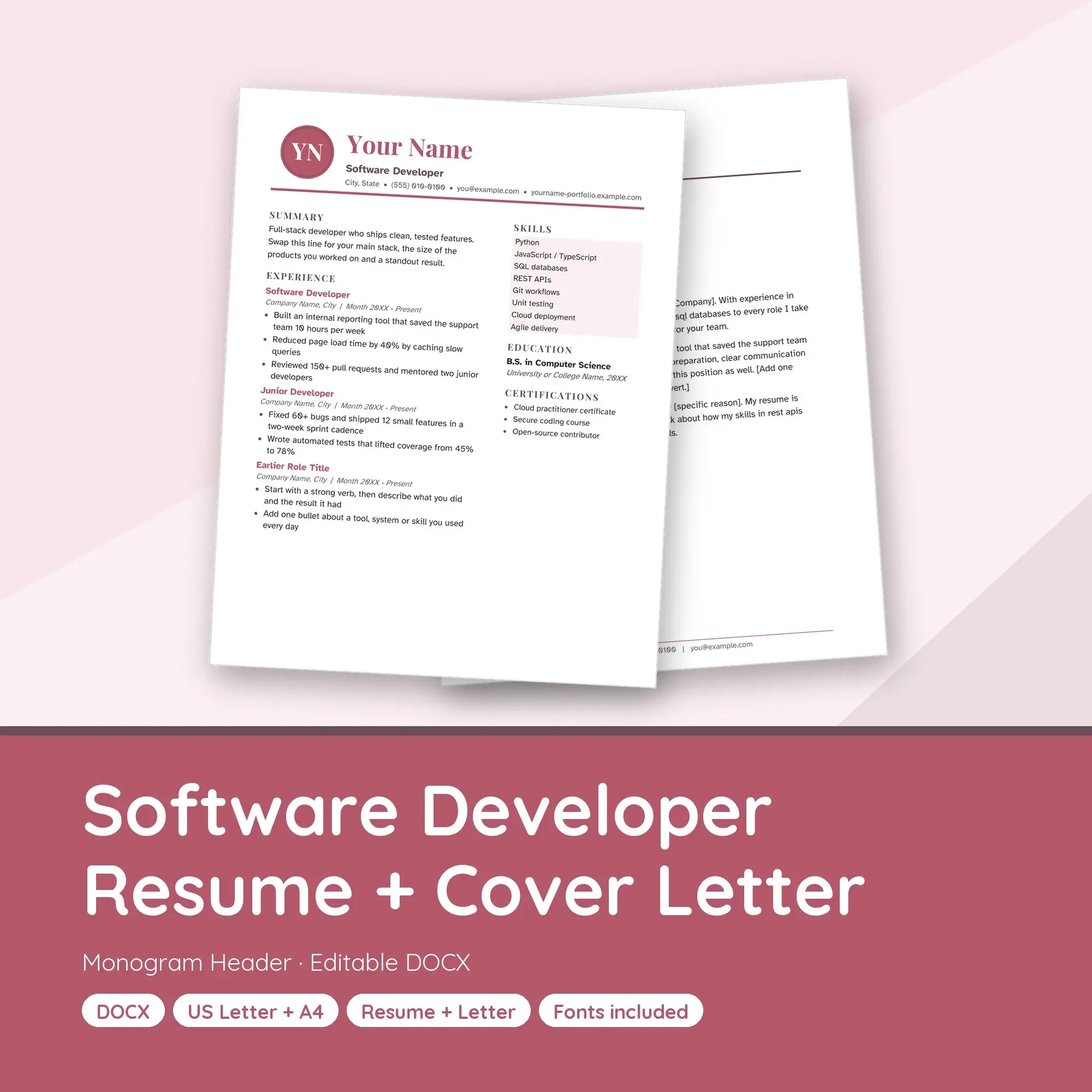 Software Developer Resume Template + Cover Letter, Monogram Header (DOCX) preview