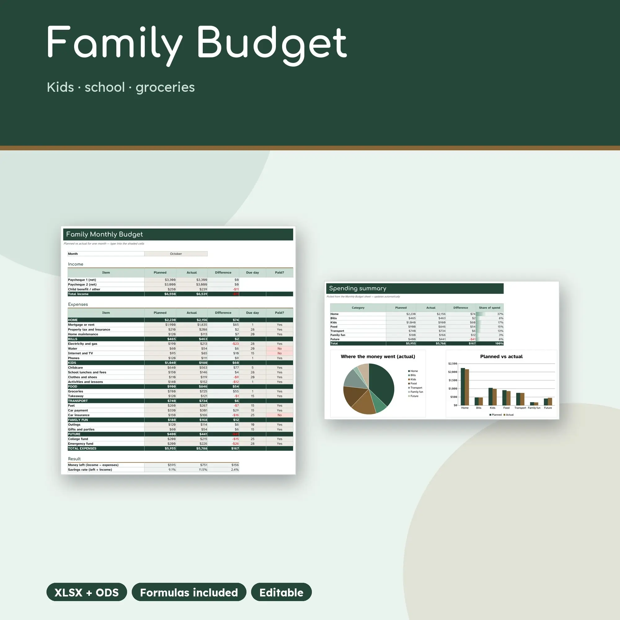 Family Budget Spreadsheet Template with Kids and School Costs (XLSX + ODS) preview
