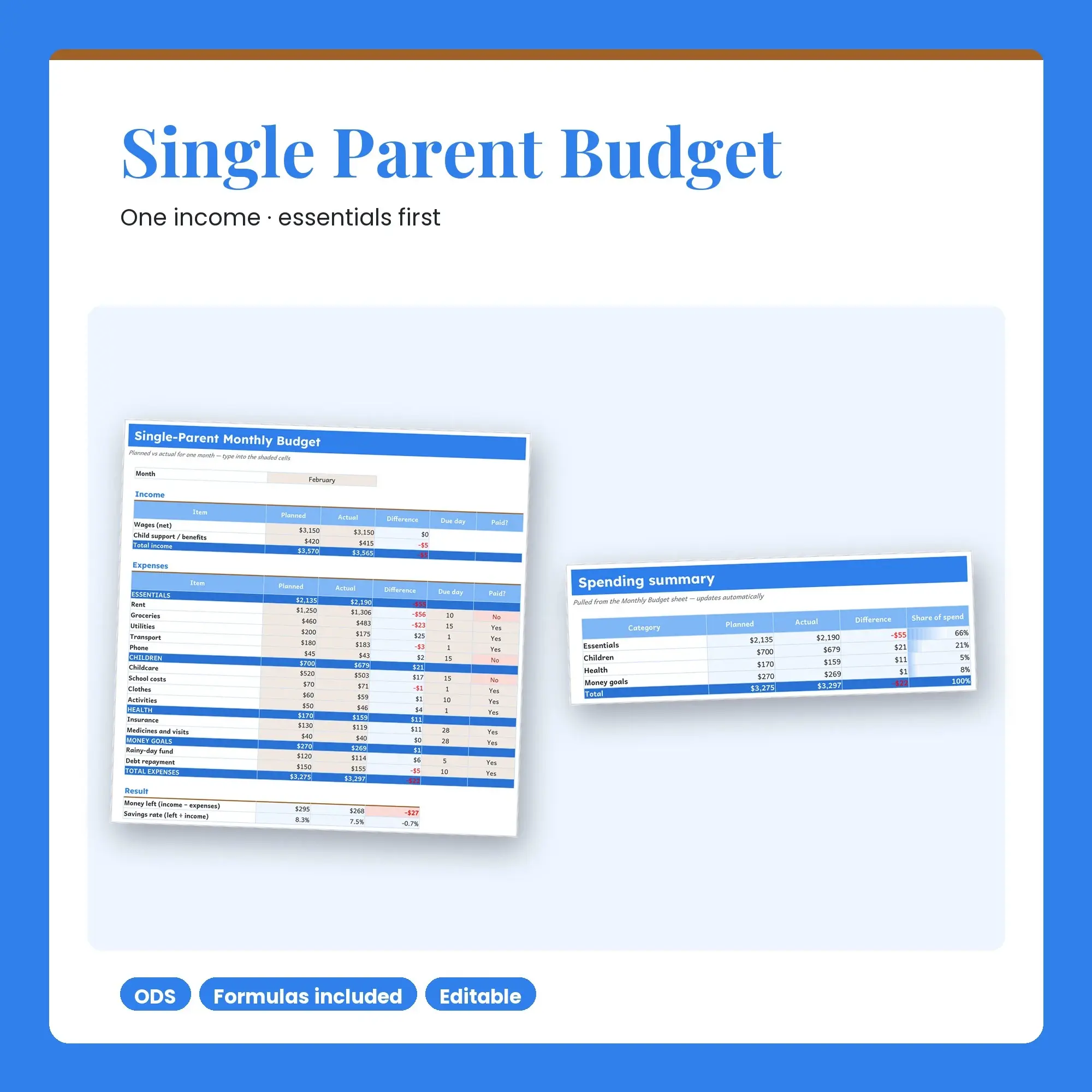 Single-Parent Budget Spreadsheet, Simple Monthly Money Planner (ODS) preview