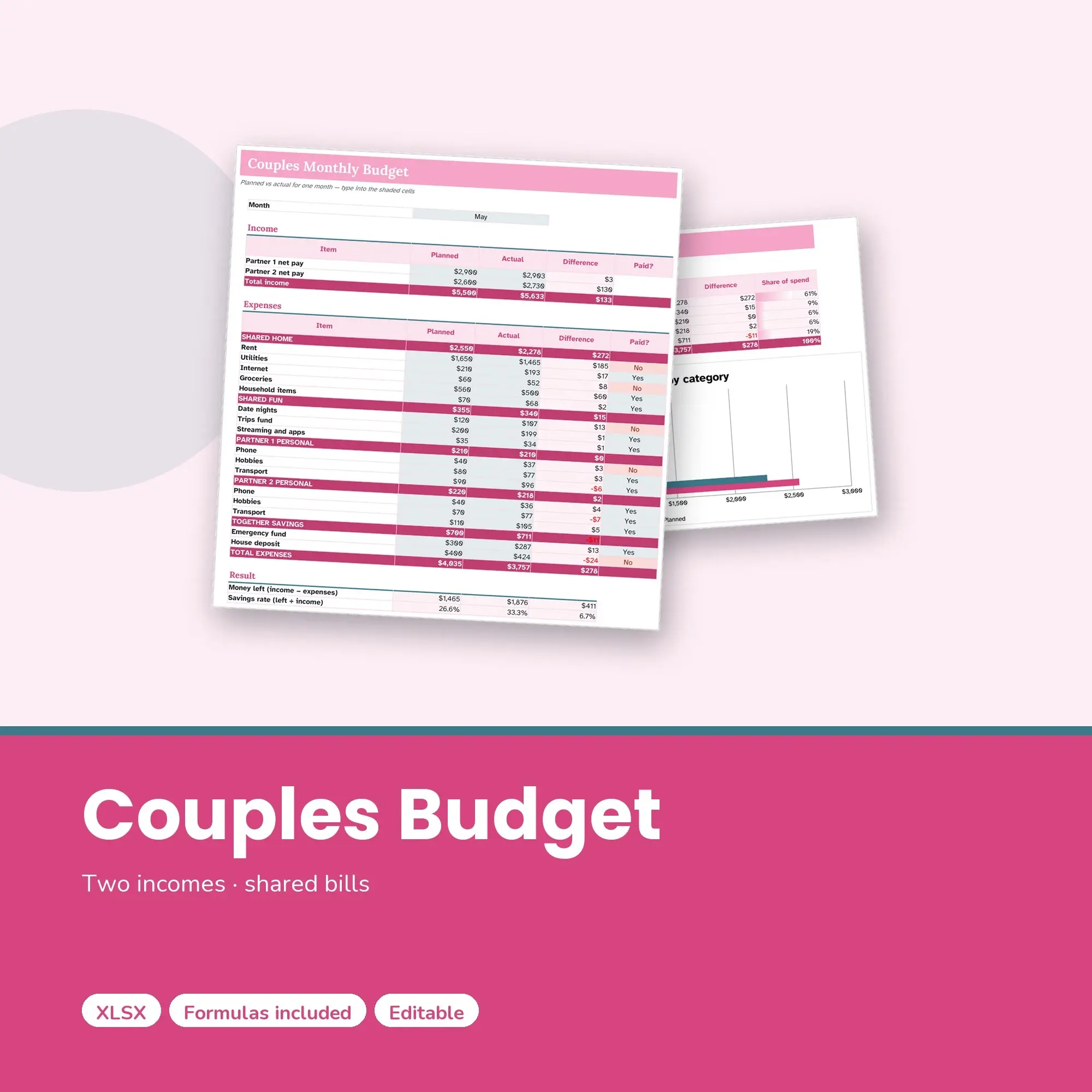 Couples Budget Spreadsheet, Shared and Personal Spending Tracker (XLSX) preview