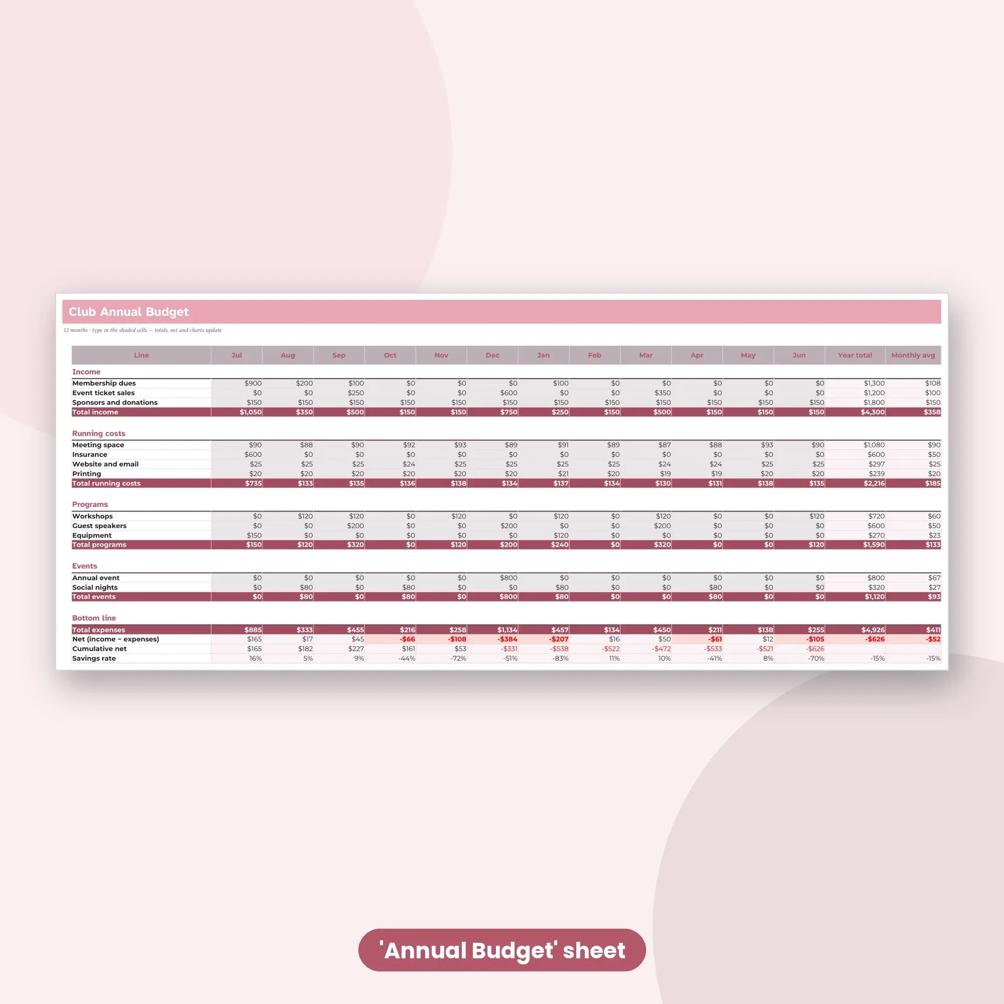 Fiscal Year Budget Spreadsheet for Small Clubs, July to June (XLSX), preview 2 of 2