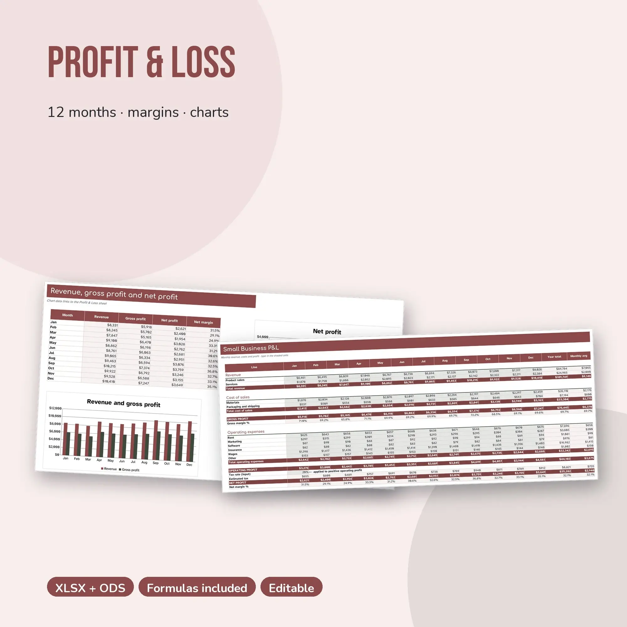 Small Business Profit and Loss Spreadsheet, 12-Month P&L Template (XLSX + ODS), preview 1 of 2