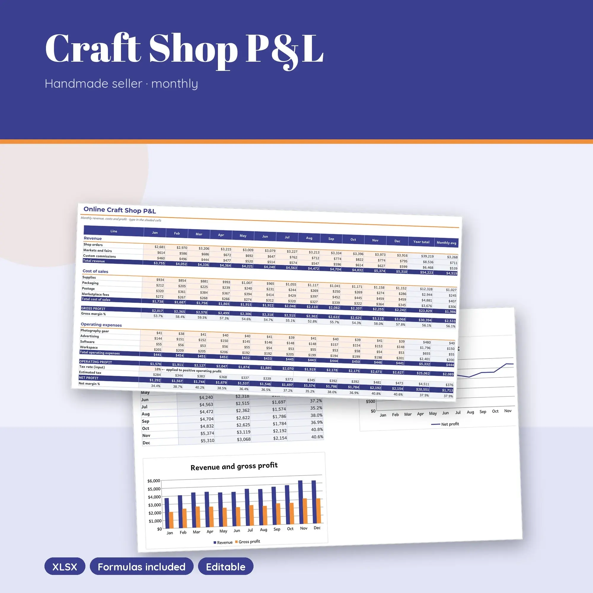 Online Craft Shop Profit and Loss Spreadsheet, Monthly Template (XLSX), preview 1 of 2