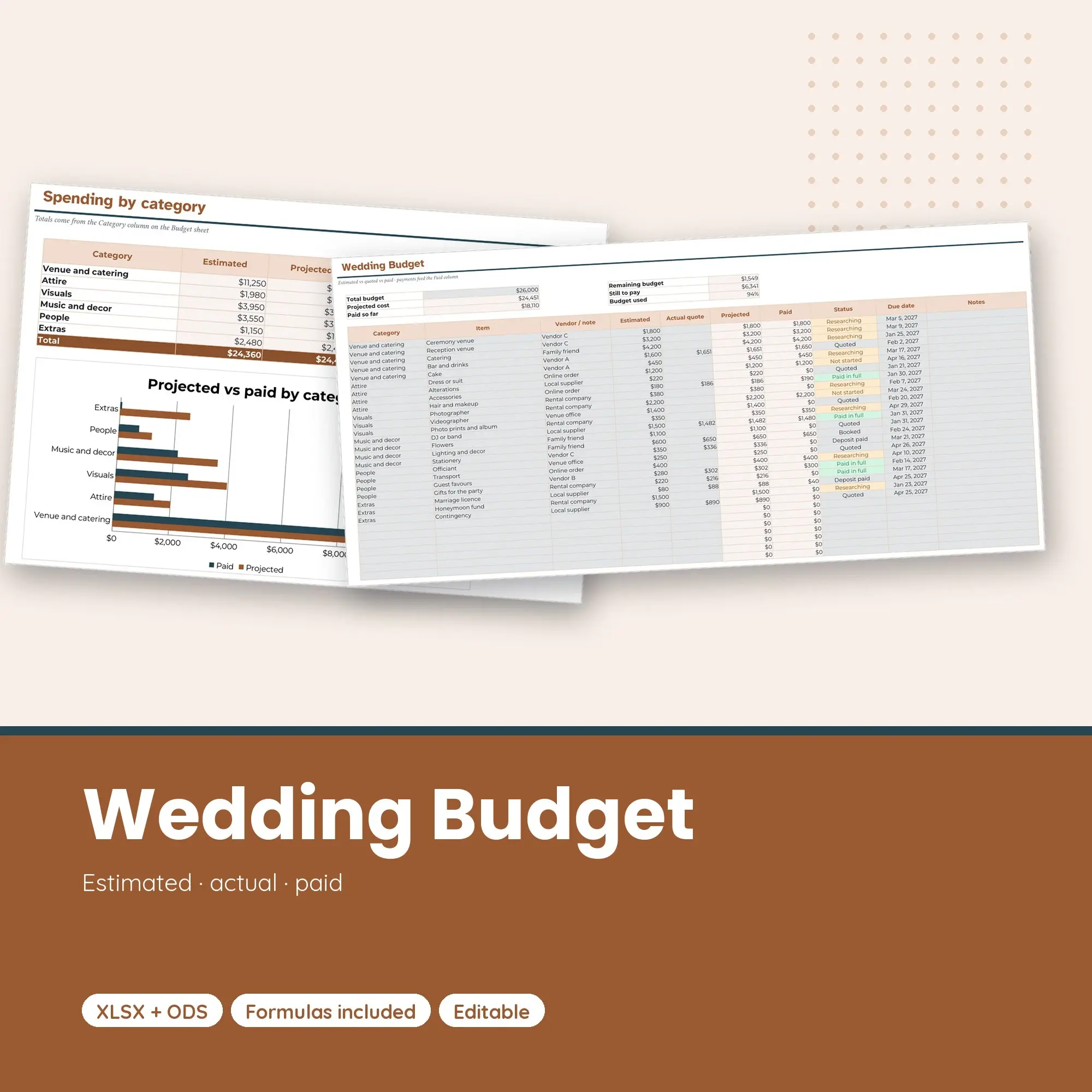 Wedding Budget Spreadsheet, Vendor Costs and Payment Tracker (XLSX + ODS) preview