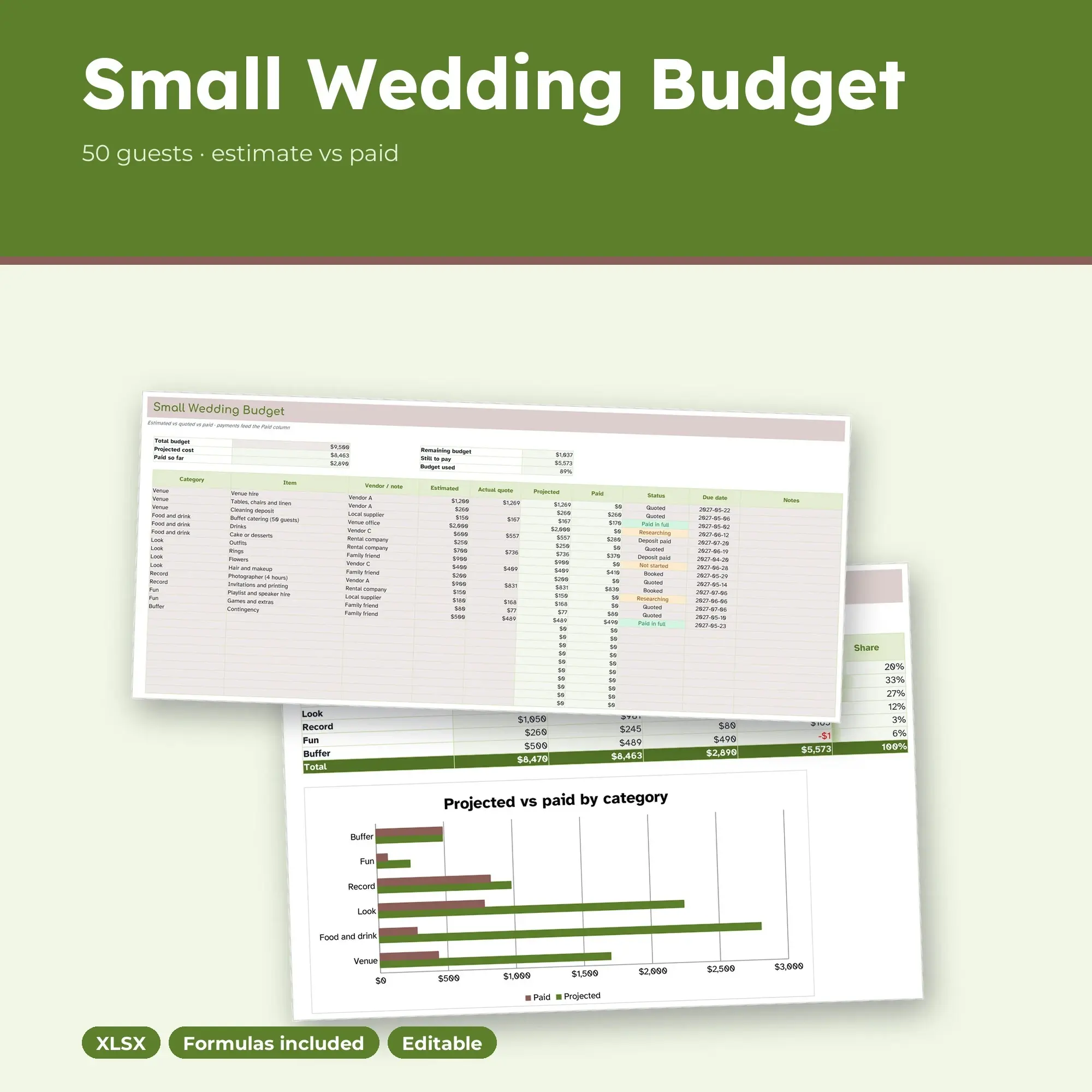 Small Wedding Budget Spreadsheet for 50 Guests, Cost Tracker (XLSX) preview
