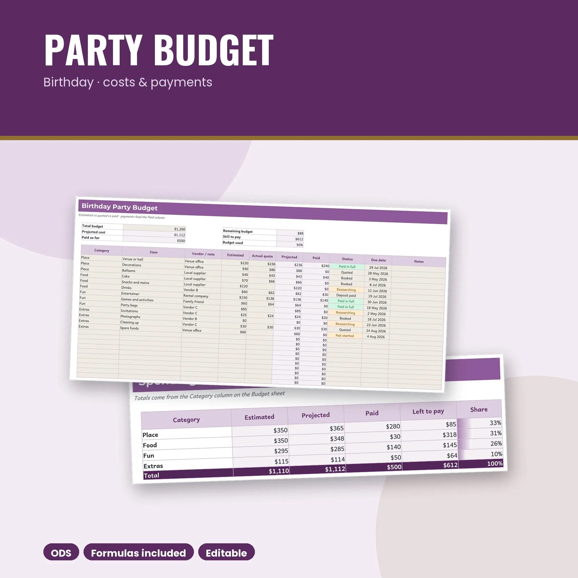 Birthday Party Budget Spreadsheet, Guest and Cost Planner (ODS) preview