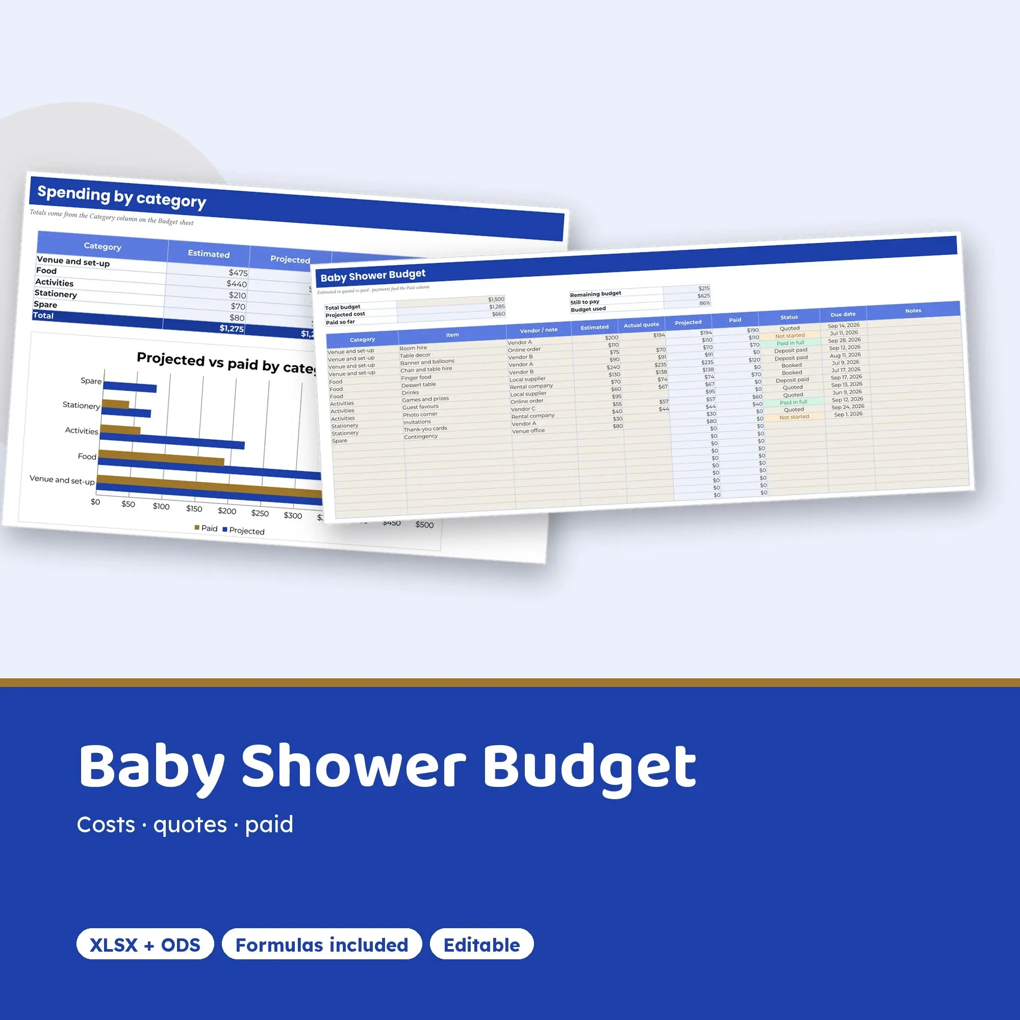 Baby Shower Budget Spreadsheet, Event Cost and Payment Tracker (XLSX + ODS), preview 1 of 2