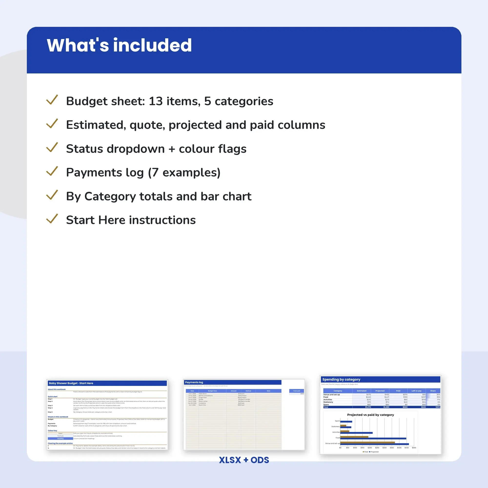 Baby Shower Budget Spreadsheet, Event Cost and Payment Tracker (XLSX + ODS), preview 2 of 2