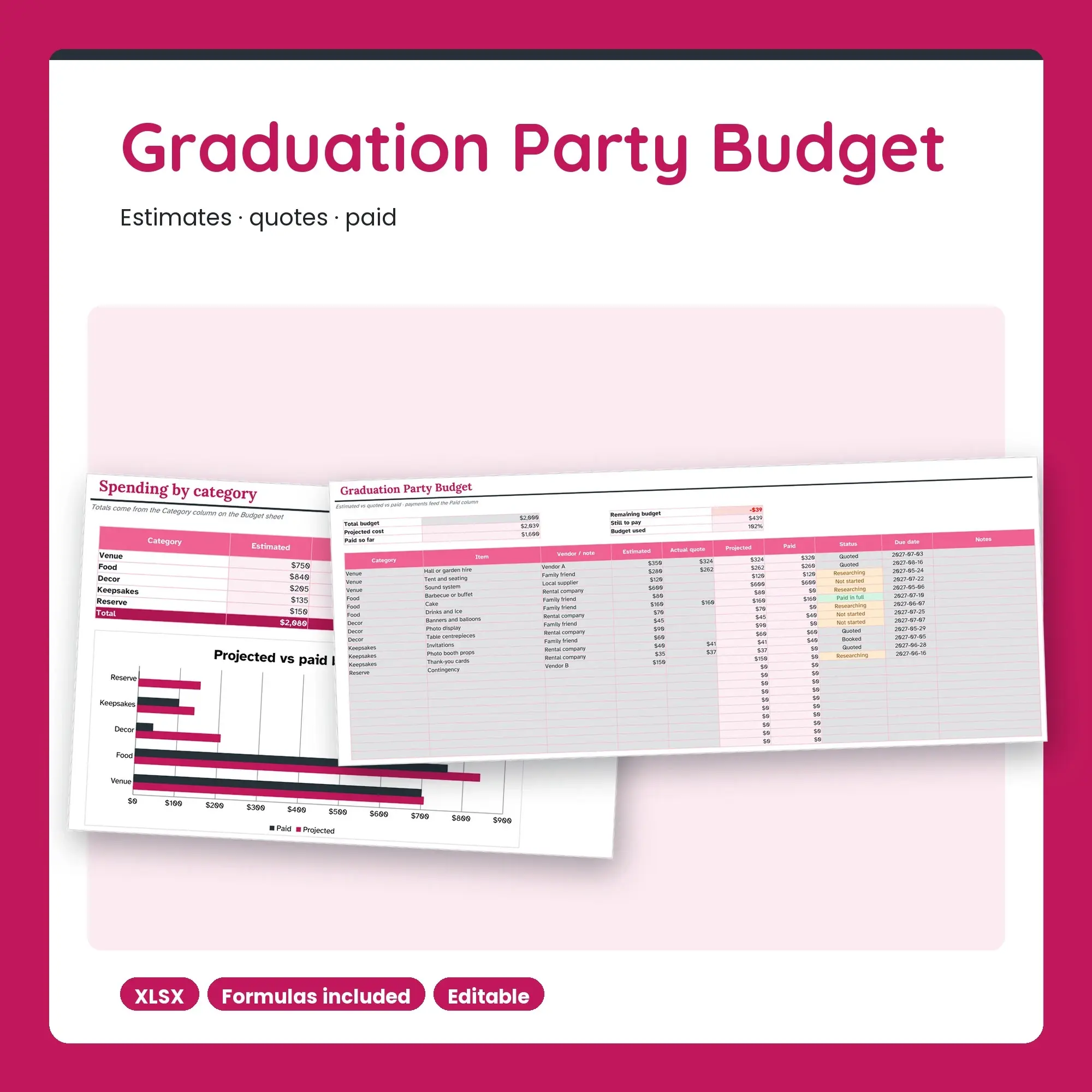 Graduation Party Budget Spreadsheet, Costs and Payments Tracker (XLSX) preview