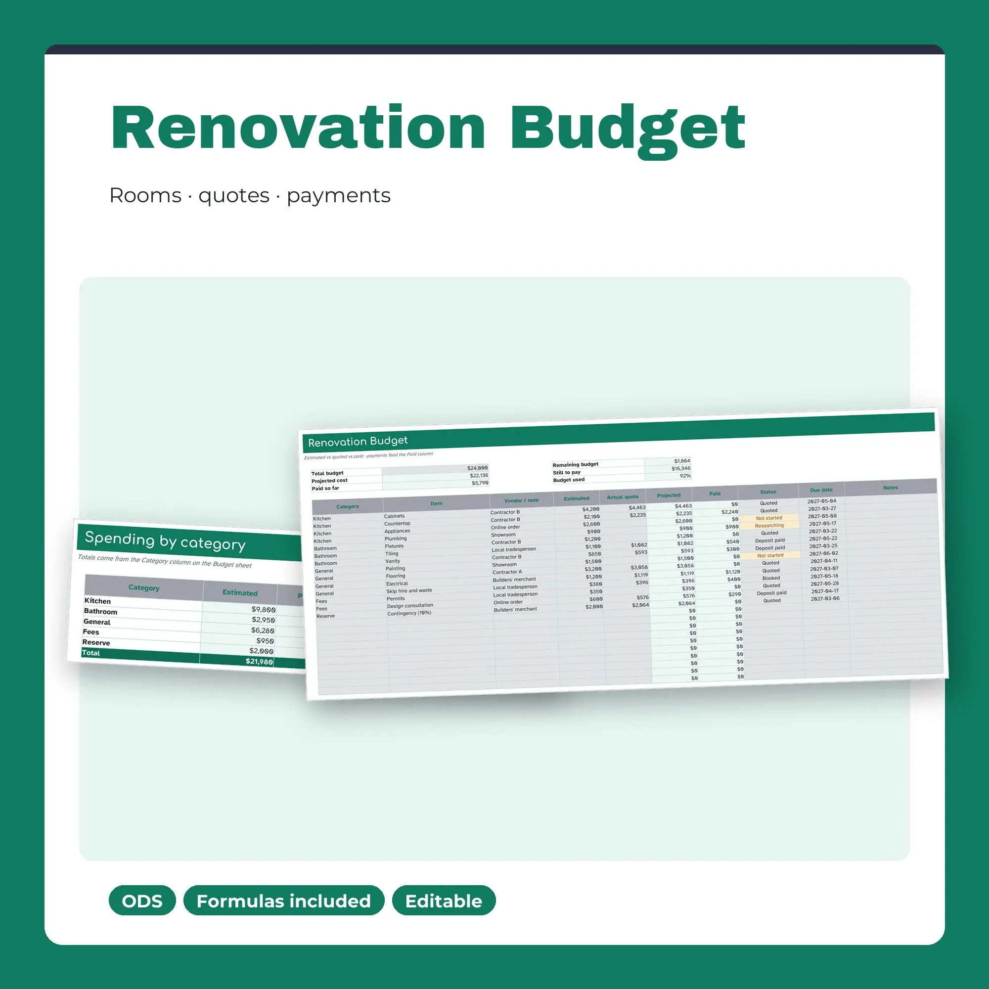 Home Renovation Budget Spreadsheet, Room Costs and Payment Tracker (ODS) preview