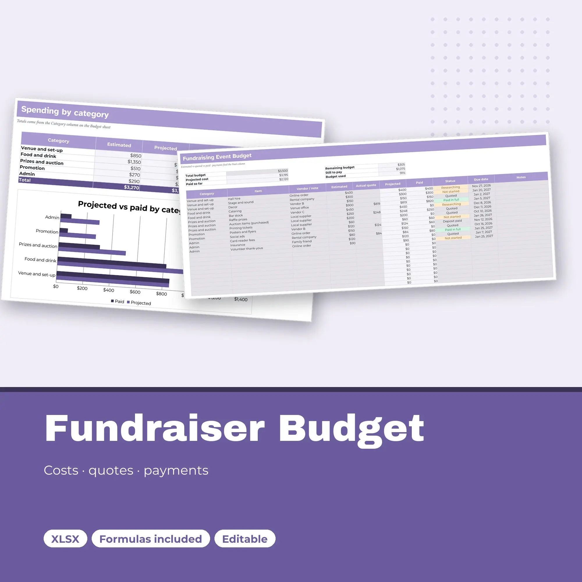 Fundraising Event Budget Spreadsheet, Costs vs Budget Tracker (XLSX), preview 1 of 2