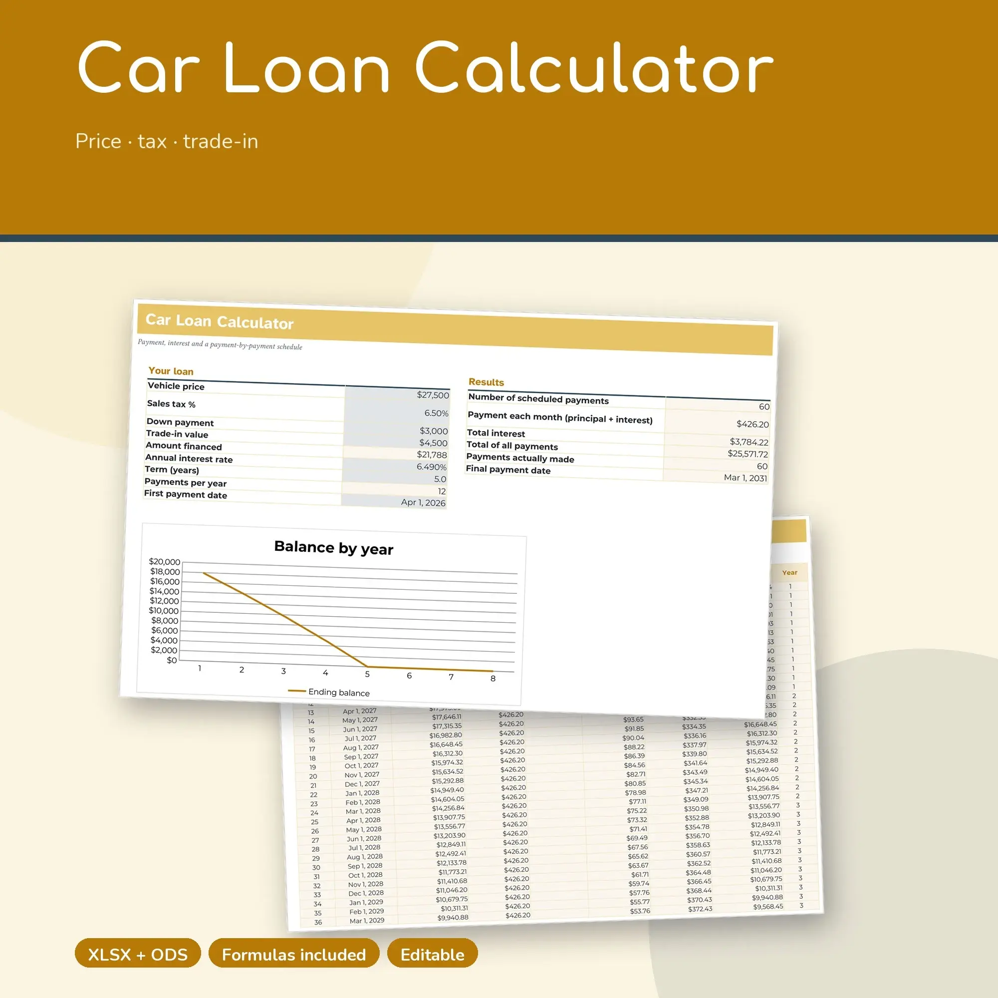 Car Loan Calculator Spreadsheet, Auto Payment and Interest Schedule (XLSX + ODS) preview