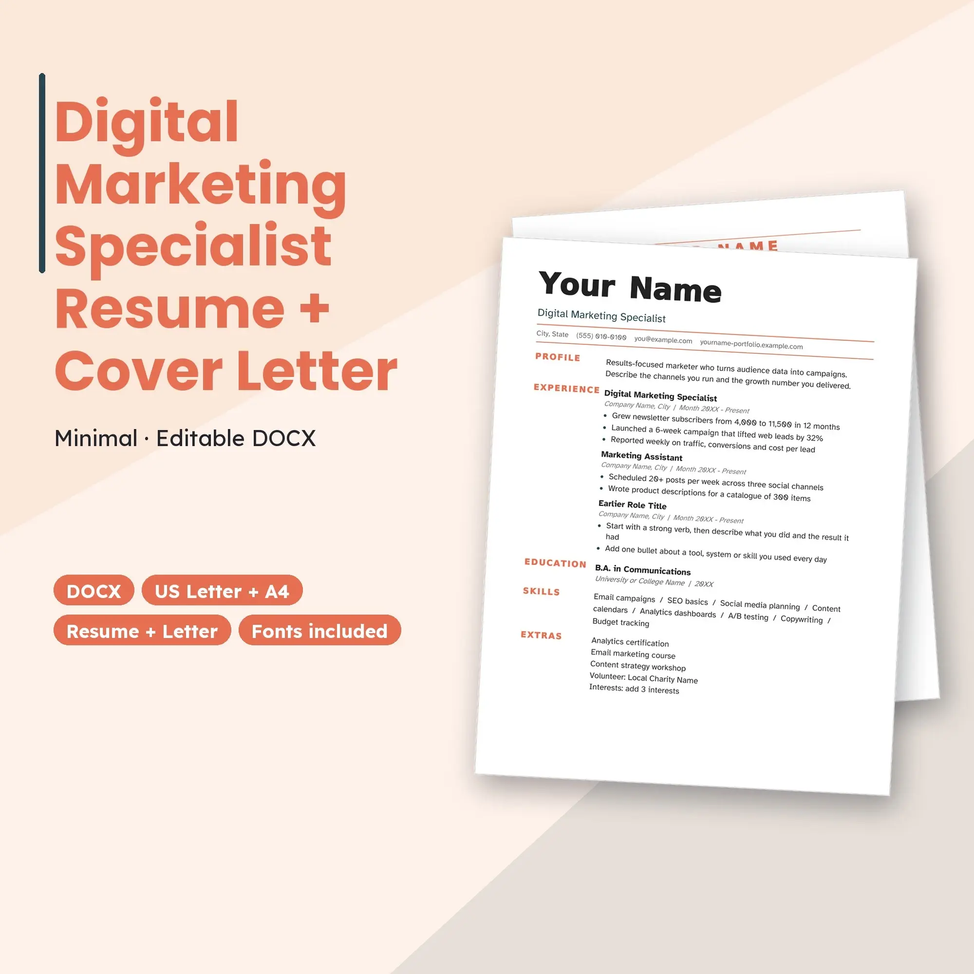 Digital Marketing Specialist Resume Template + Cover Letter, Minimal (DOCX) preview