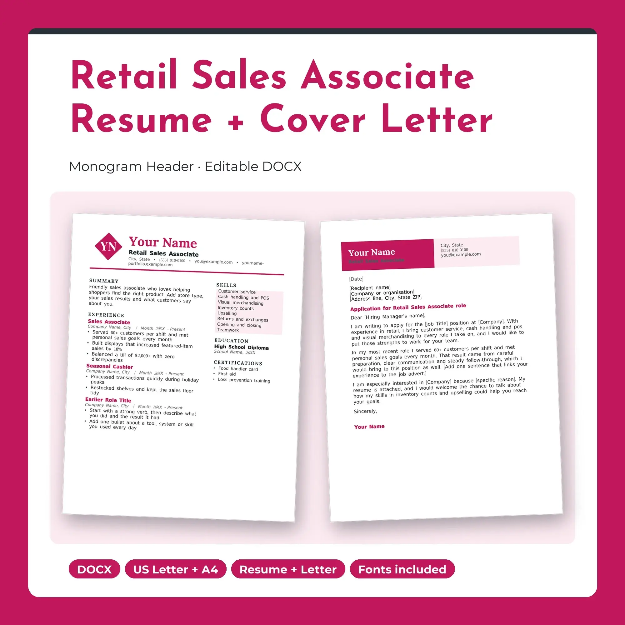 Retail Sales Associate Resume Template + Cover Letter, Monogram Header (DOCX) preview