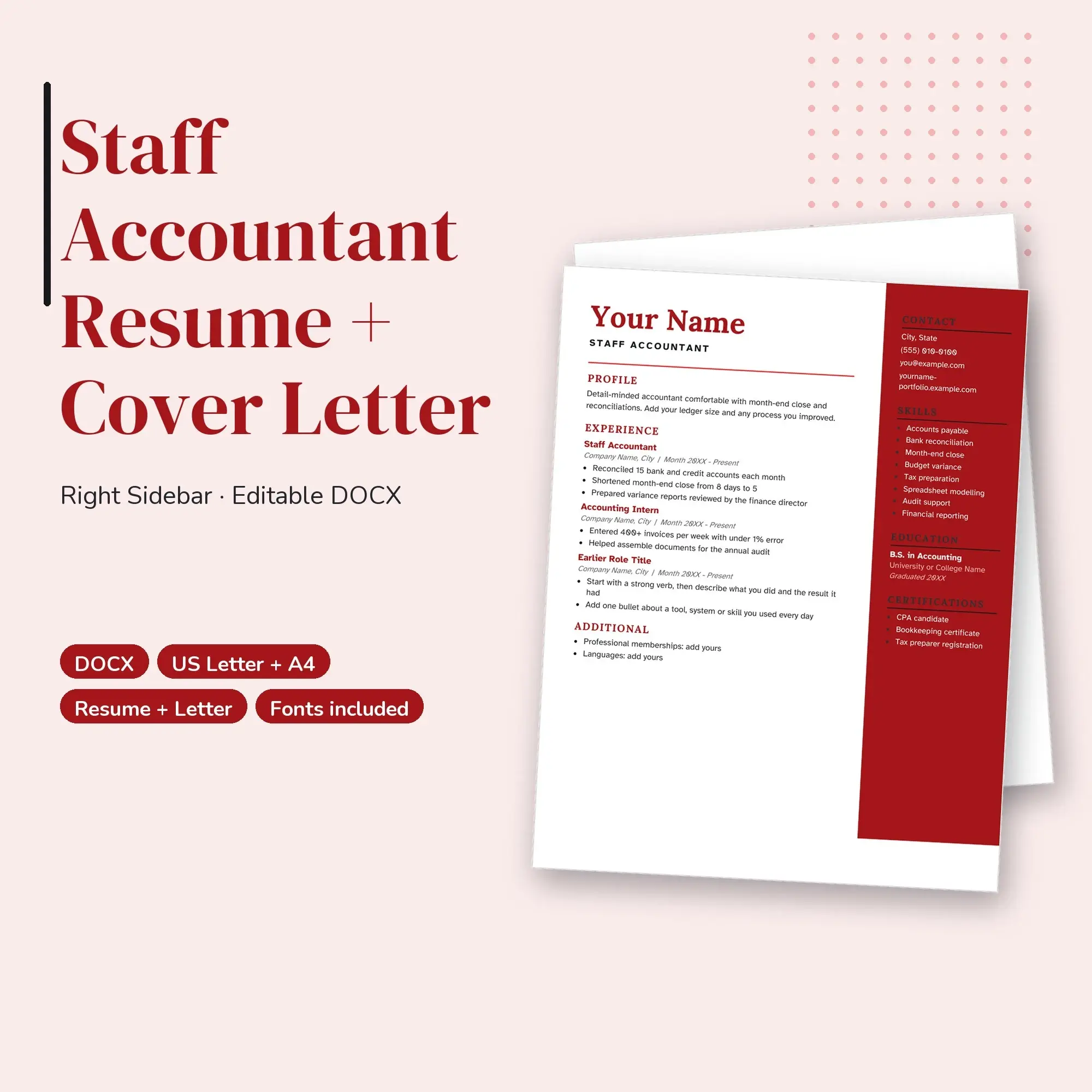 Staff Accountant Resume Template + Cover Letter, Right Sidebar (DOCX) preview