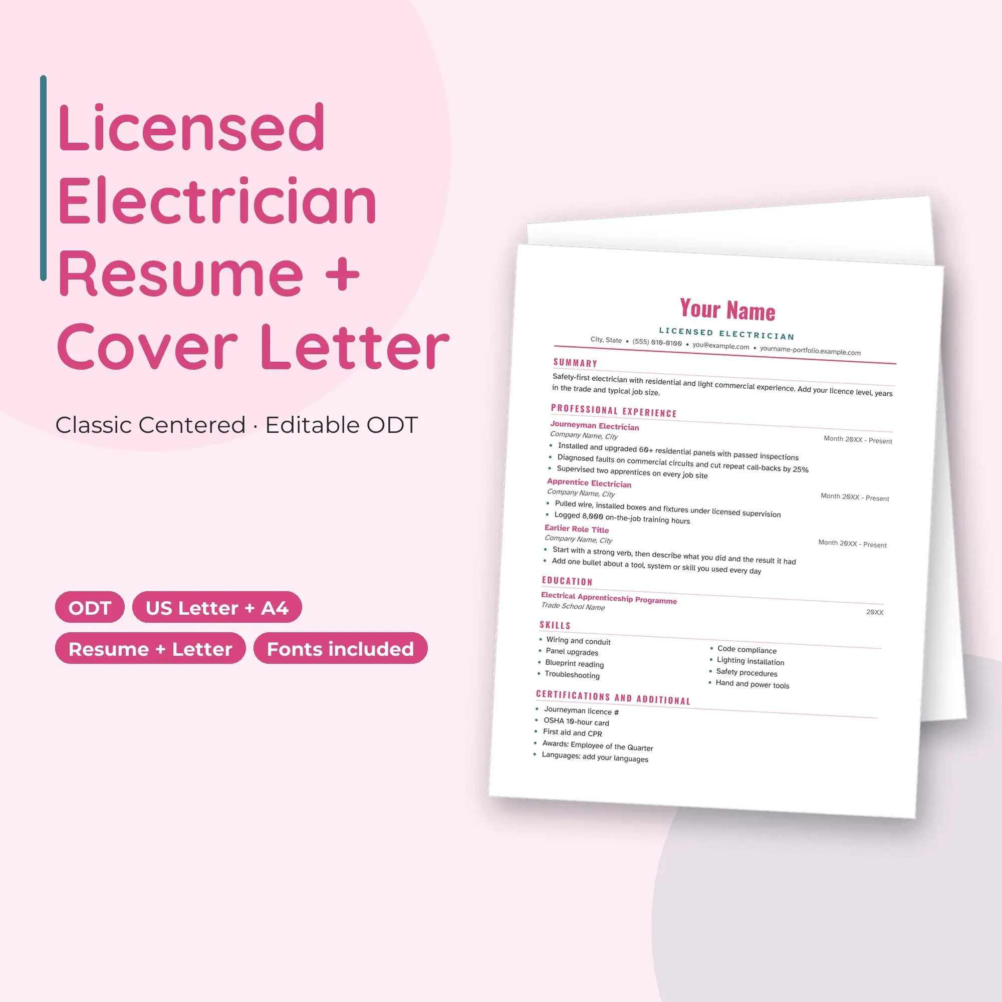 Licensed Electrician Resume Template + Cover Letter, Classic Centered (ODT) preview