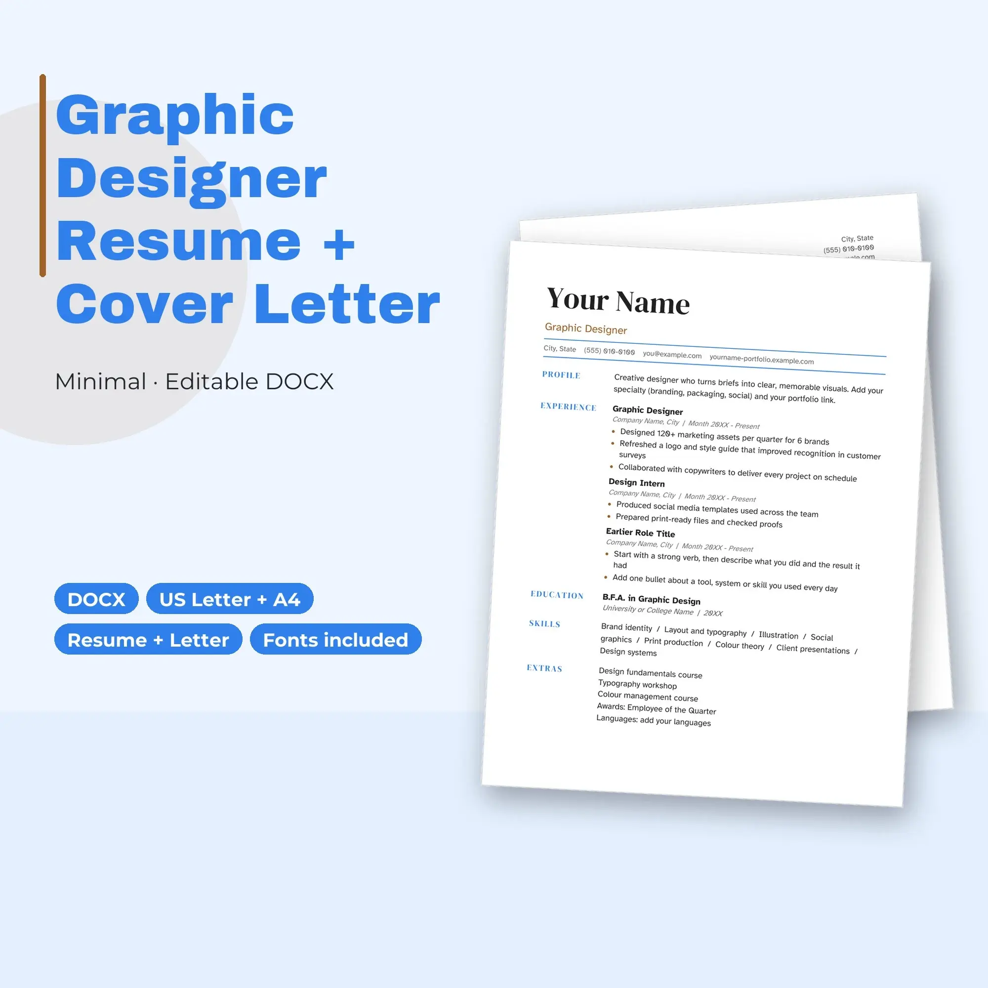 Graphic Designer Resume Template + Cover Letter, Minimal (DOCX) preview