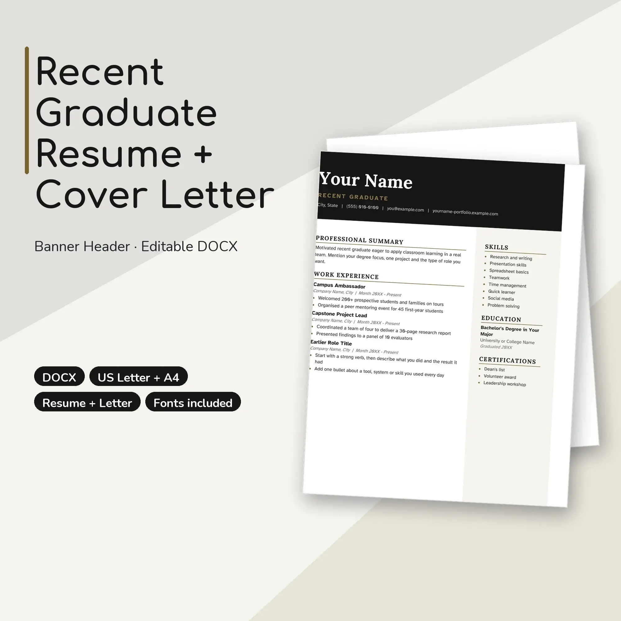 Recent Graduate Resume Template + Cover Letter, Banner Header (DOCX) preview