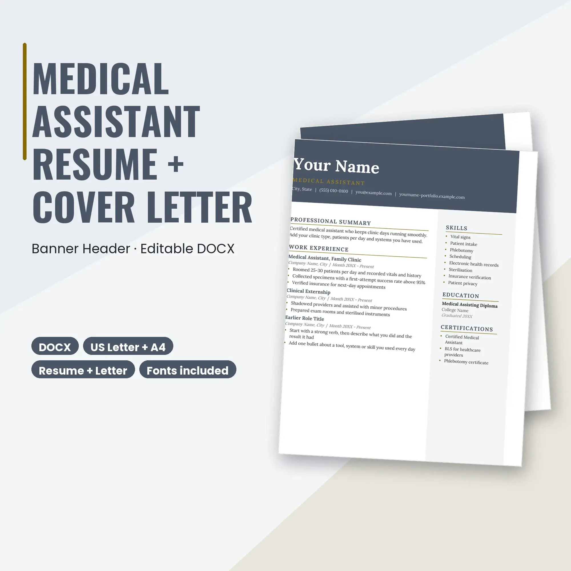 Medical Assistant Resume Template + Cover Letter, Banner Header (DOCX) preview