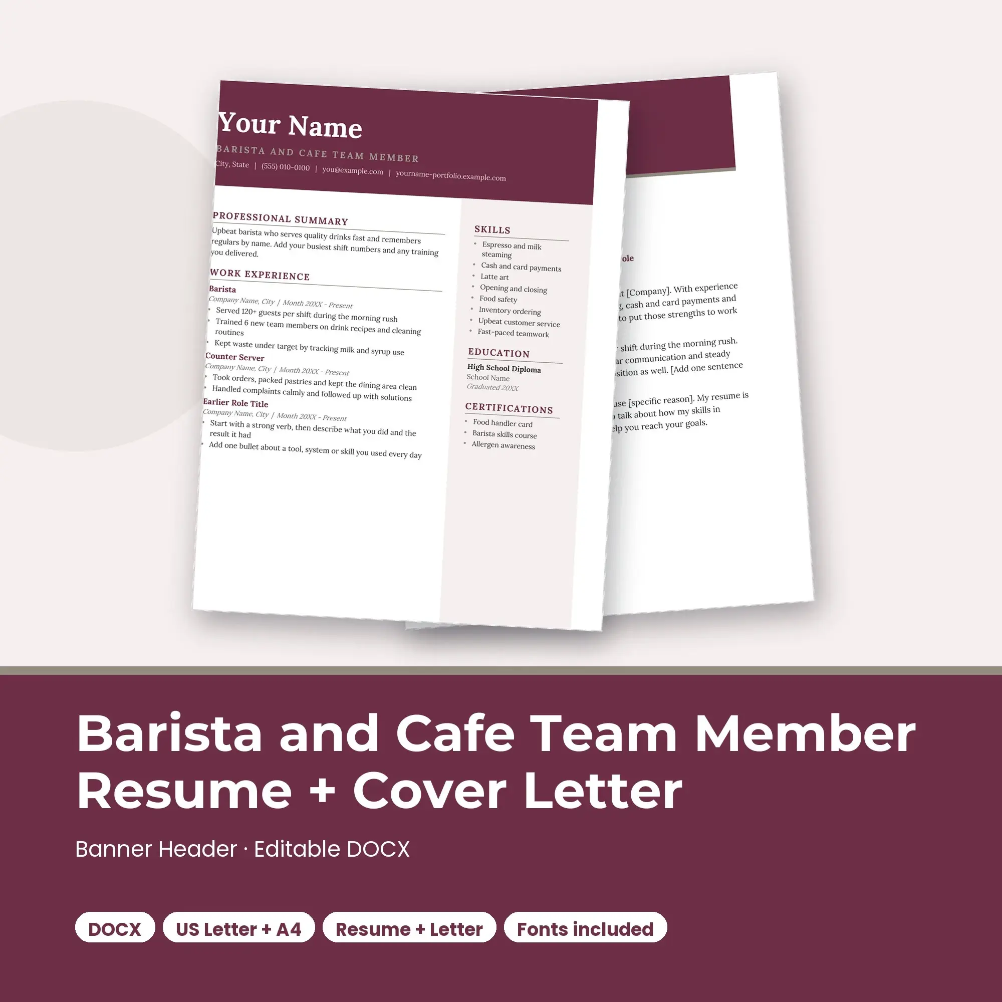 Barista and Cafe Team Member Resume + Cover Letter Template, Banner Header (DOCX) preview