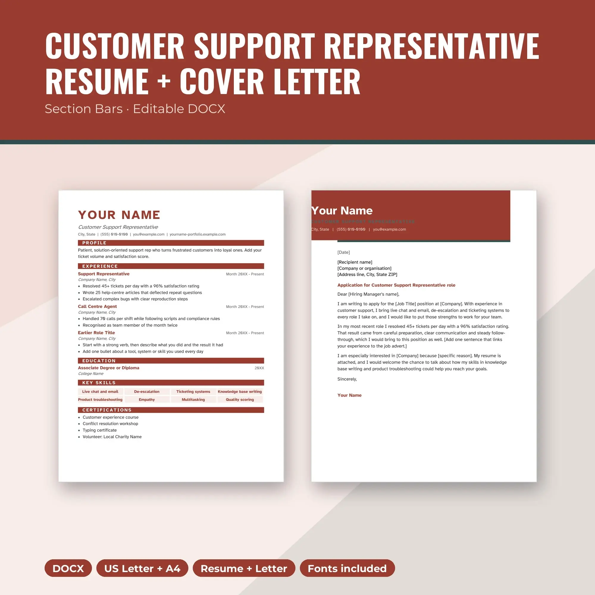 Customer Support Representative Resume + Cover Letter Template, Section Bars (DOCX) preview