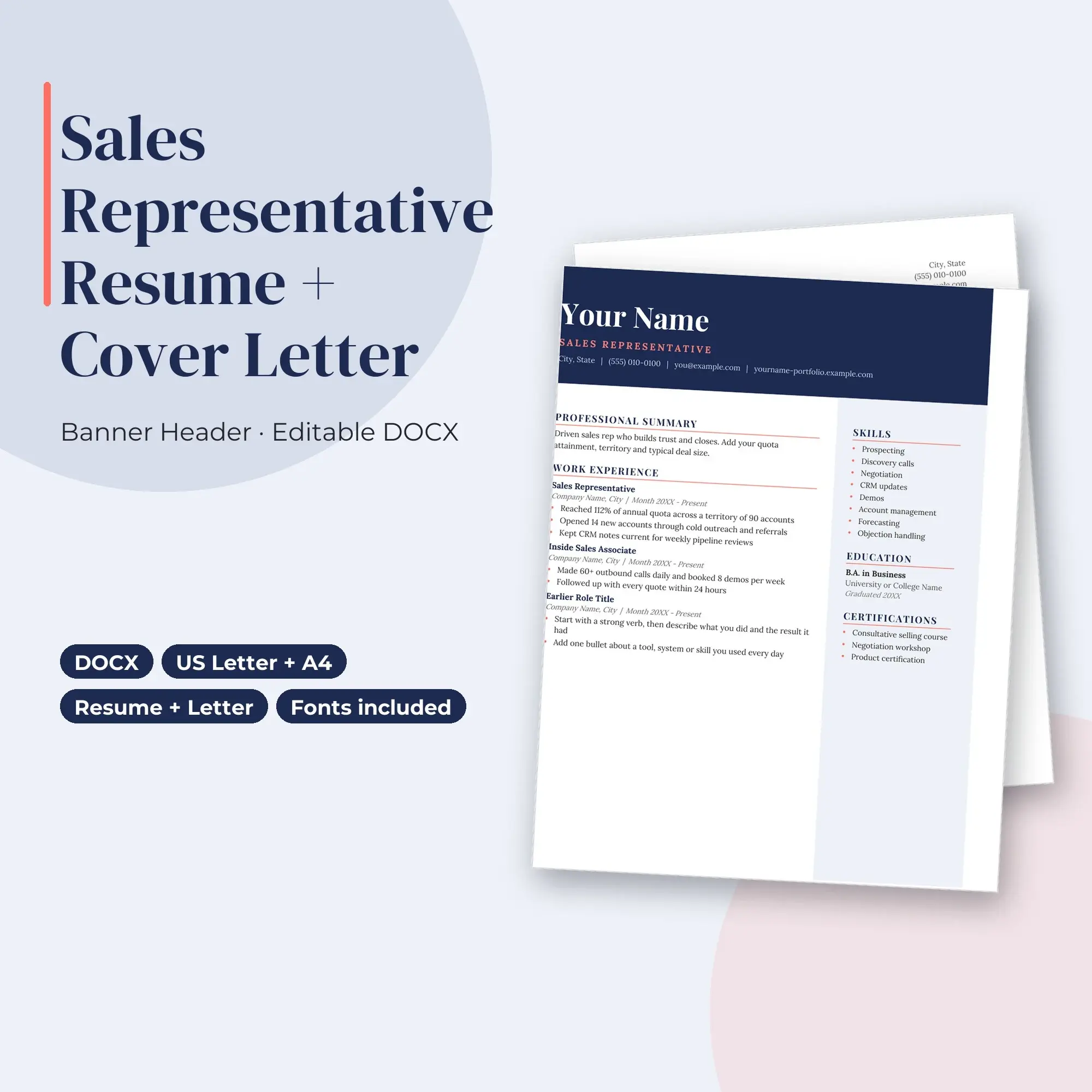 Sales Representative Resume Template + Cover Letter, Banner Header (DOCX) preview